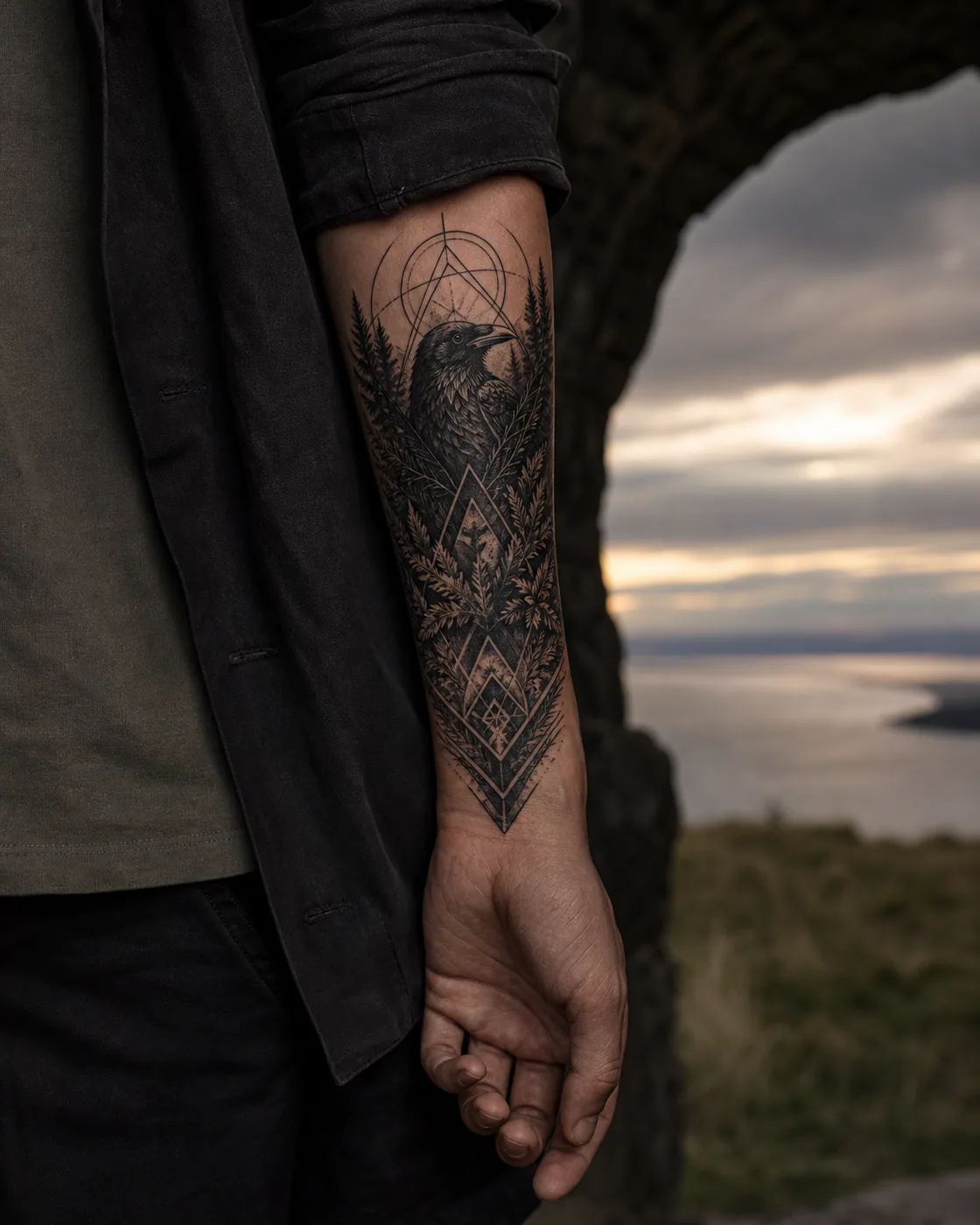 Geometric tattoo of a dense raven and cedar composition concealing a faded animal outline executed as a healed cover-up on the forearm