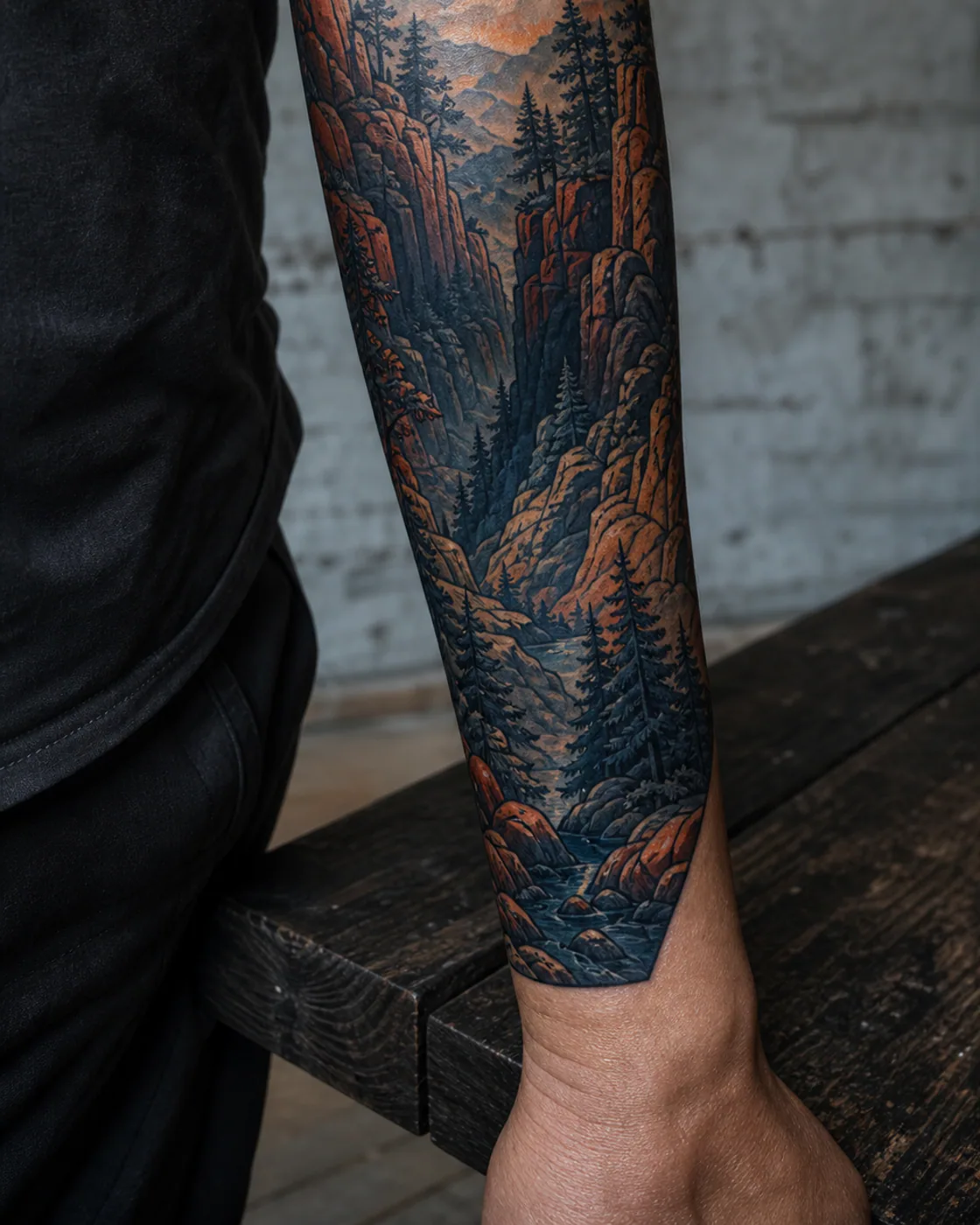 New School tattoo of a shadowed canyon and pine system masking an uneven landscape remnant executed as a healed cover-up on the forearm