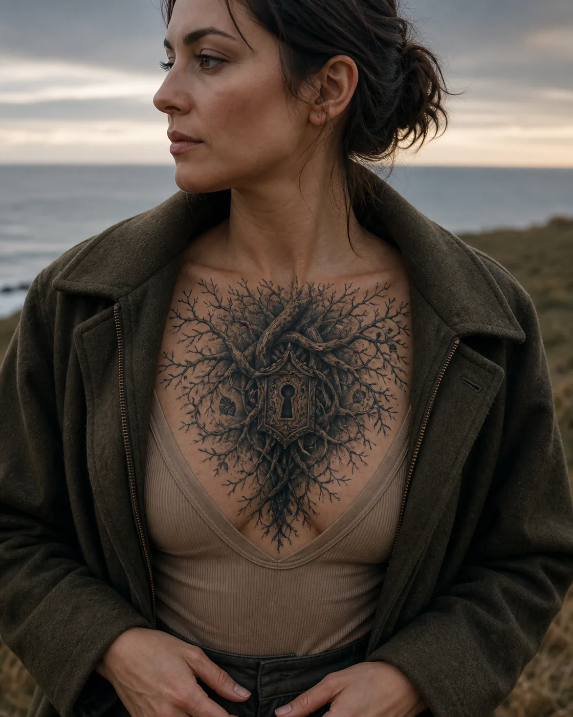 Illustrative tattoo of an architectural lock and branching roots concealing a faded symbol executed as a healed cover-up on the chest