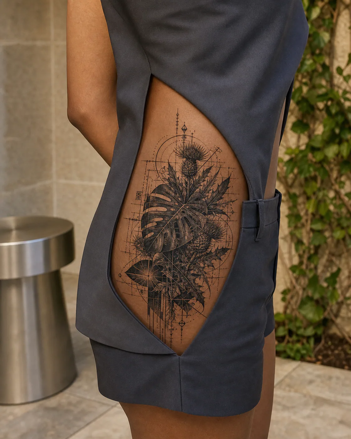 Cybersigilism tattoo of overlapping monstera and thistle leaves covering fragmented linework executed as a healed cover-up on the hip