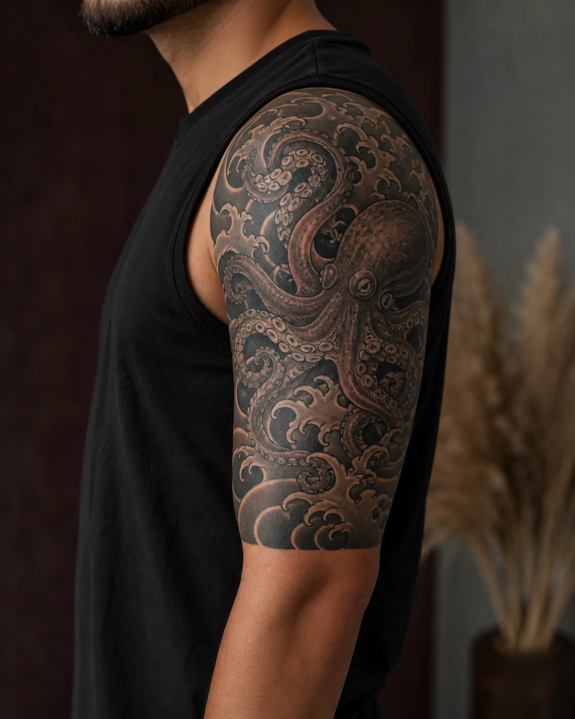 Japanese tattoo of an octopus and dark rolling current replacing an indistinct nautical mark executed as a healed cover-up on the half sleeve