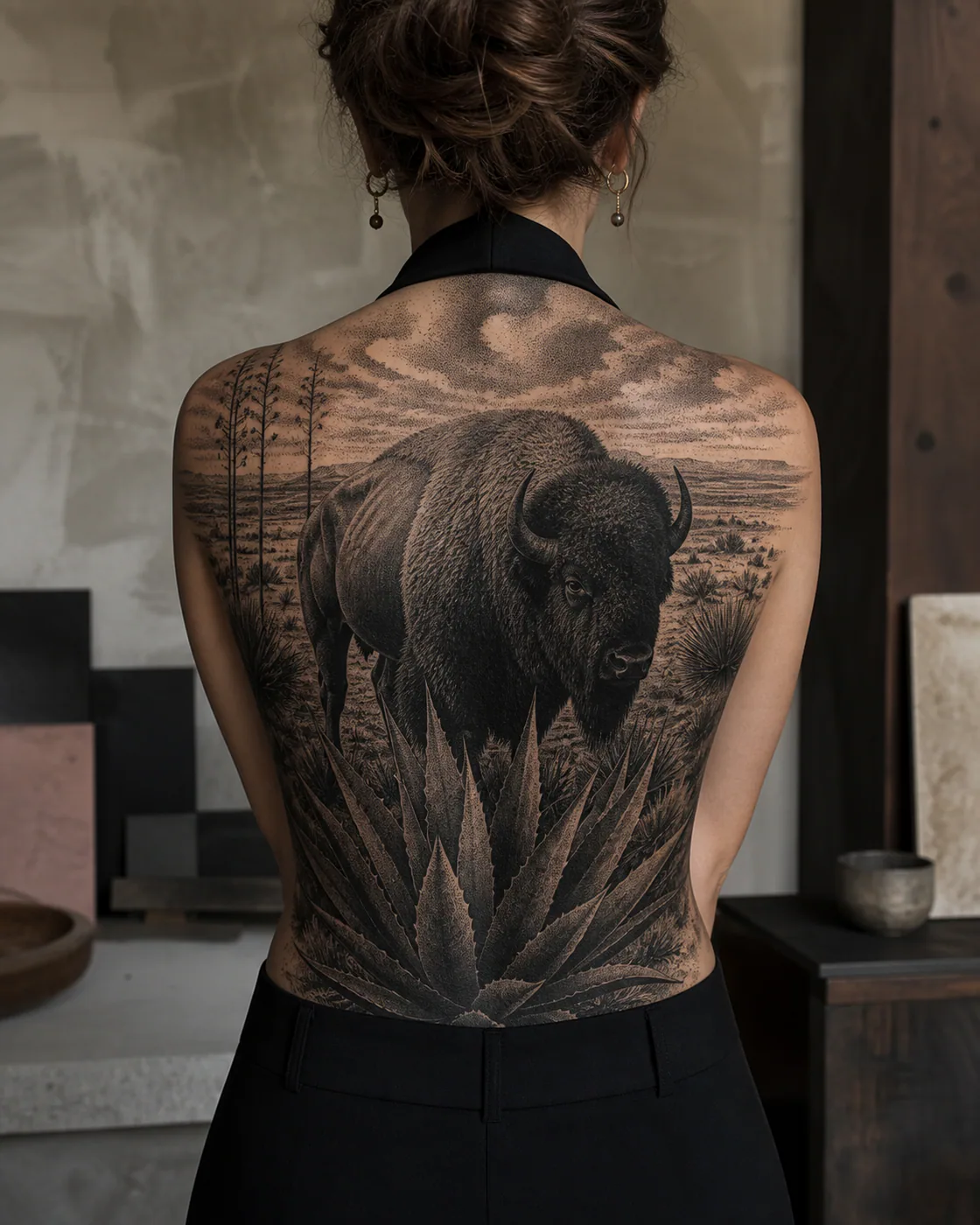 Dotwork tattoo of a bison, agave, and dusk shadow system masking an old silhouette executed as a healed cover-up on the full back