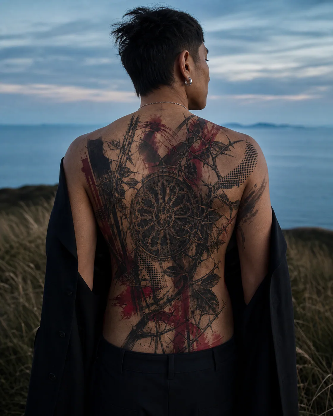 Trash Polka tattoo of a cathedral rosette and thorned foliage concealing a faded dark emblem executed as a healed cover-up on the full back