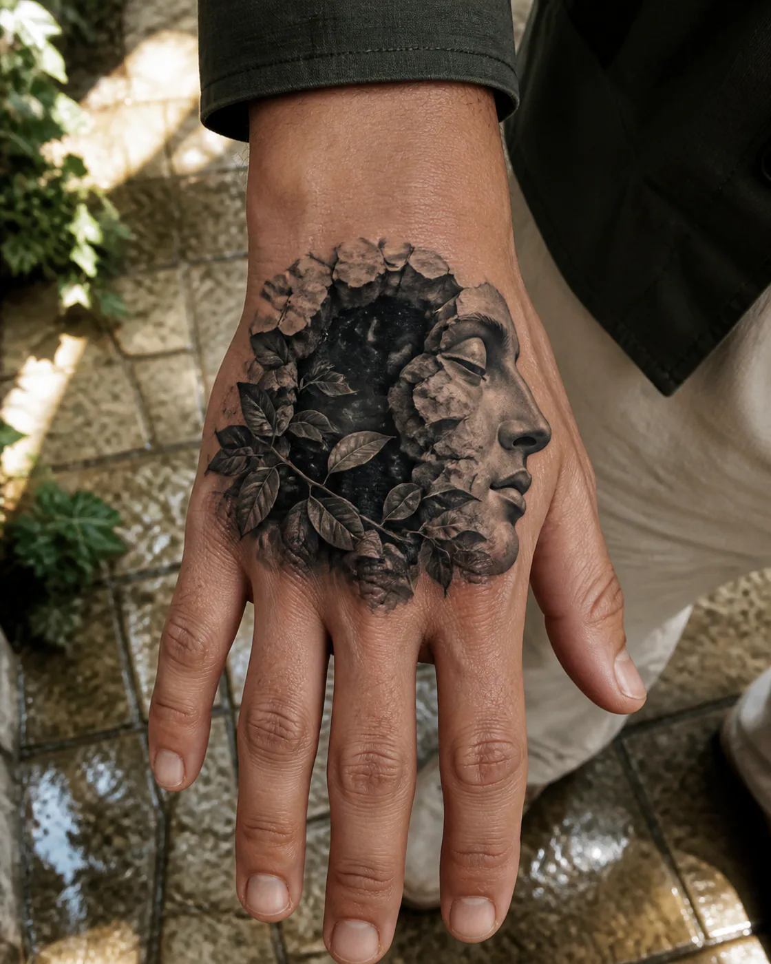 Black and Gray tattoo of a surreal stone profile opening into night foliage over an old shape executed as a healed cover-up on the back of hand