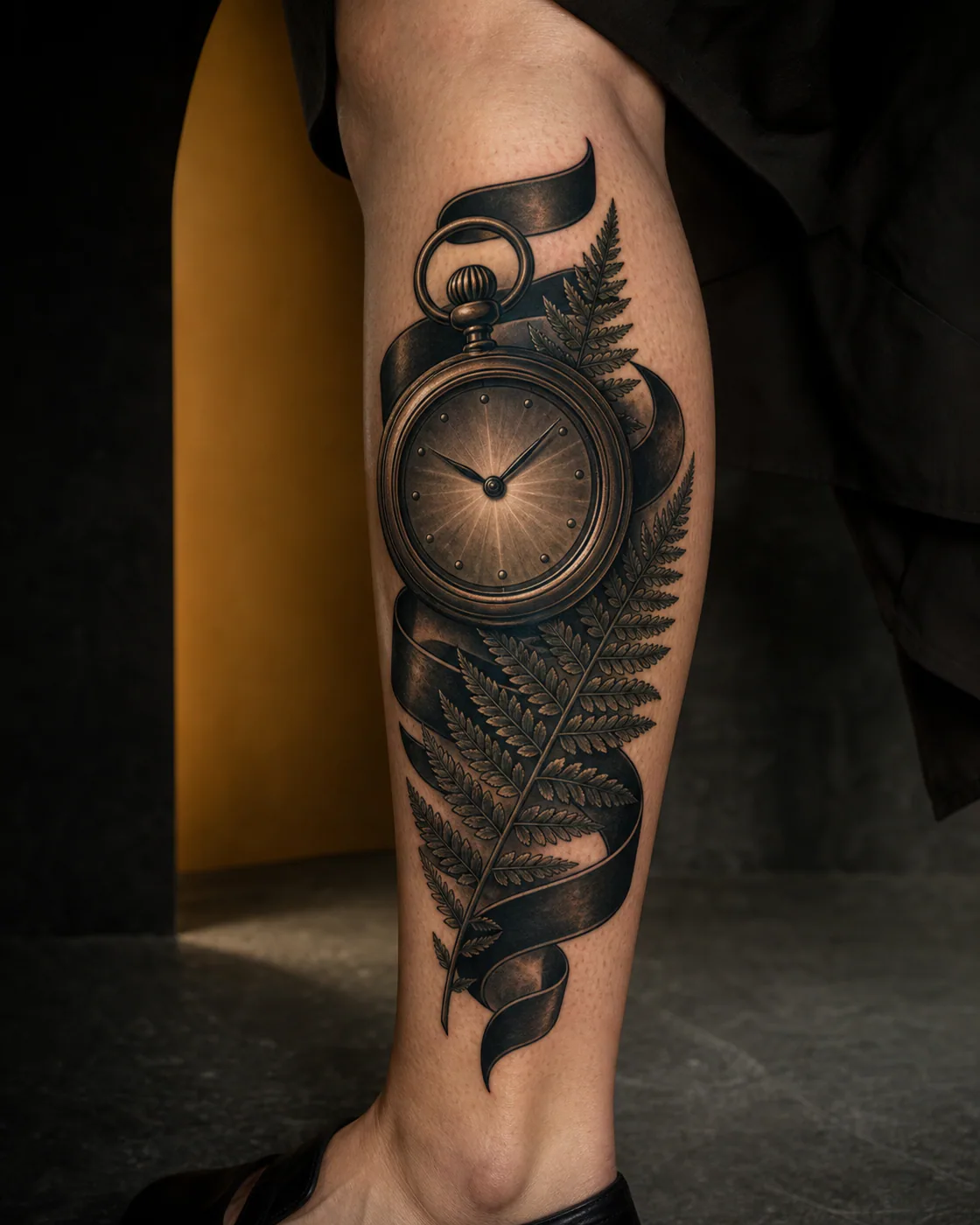 American Traditional tattoo of a pocket watch, ribbon shadow, and pressed fern covering blurred keepsake ink executed as a healed cover-up on the calf
