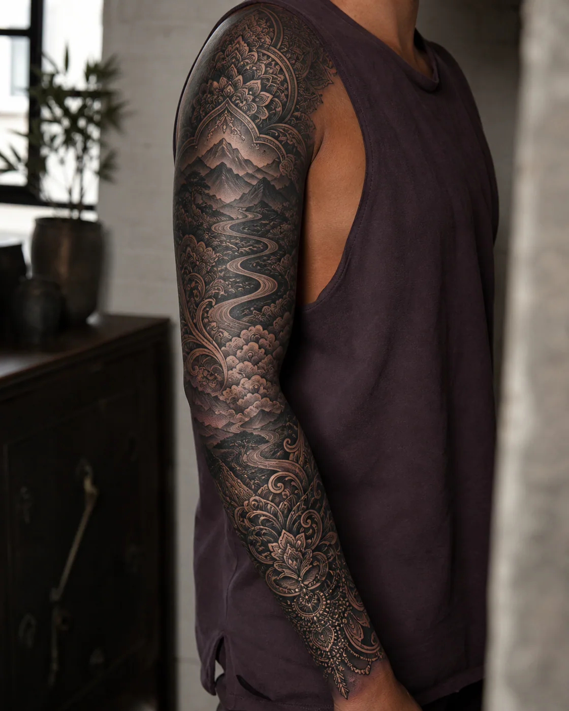 Ornamental tattoo of layered terrain, road shadow, and cloud bands replacing an old travel mark executed as a healed cover-up on the full sleeve