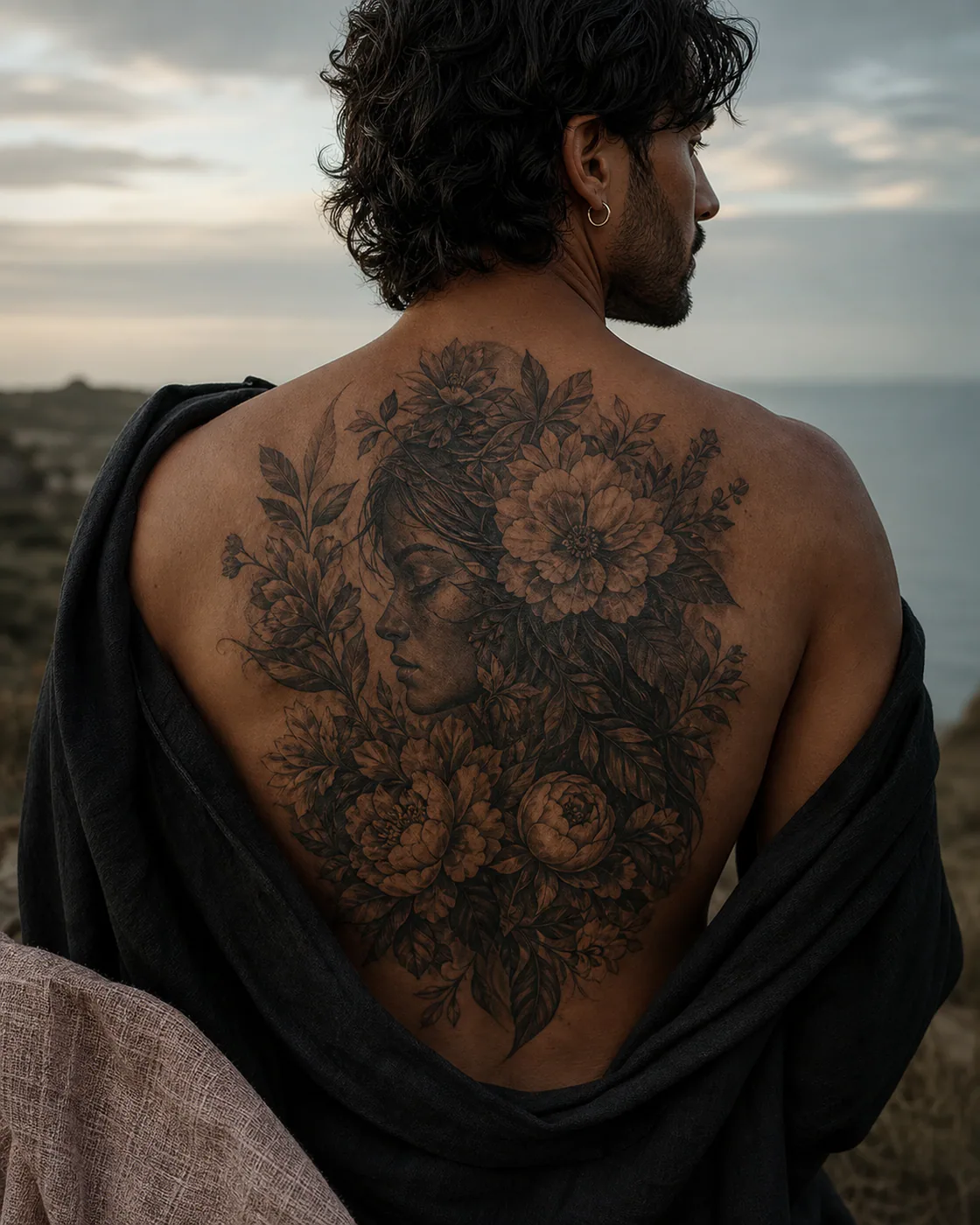 Floral tattoo of an anonymous black-and-gray profile framed by dense leaves over faded ink executed as a healed cover-up on the upper back