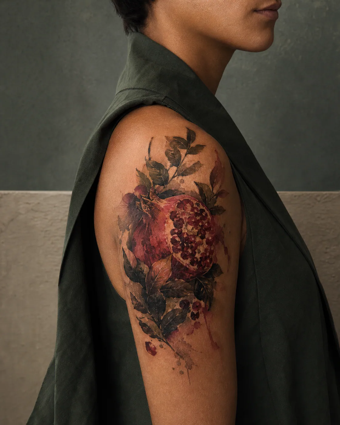 Watercolor tattoo of a pomegranate, dark leaves, and seed shadows replacing a small old still life executed as a healed cover-up on the shoulder cap