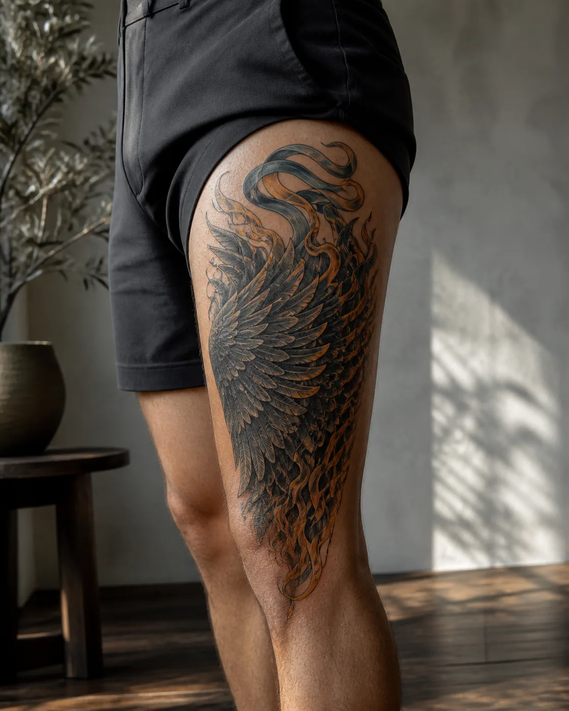 Surrealism tattoo of a phoenix wing and controlled flame structure masking a faded creature executed as a healed cover-up on the outer thigh