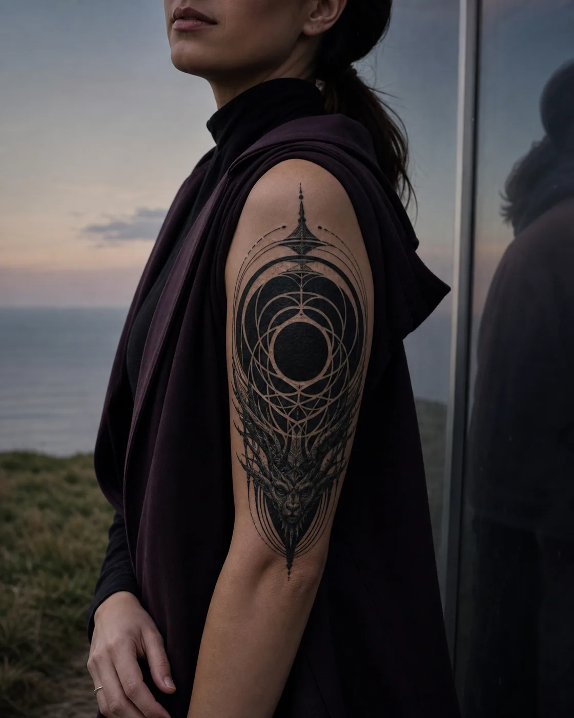 Blackwork tattoo of a geometric black core surrounded by nested negative-space arcs over old ink executed as a healed cover-up on the upper arm
