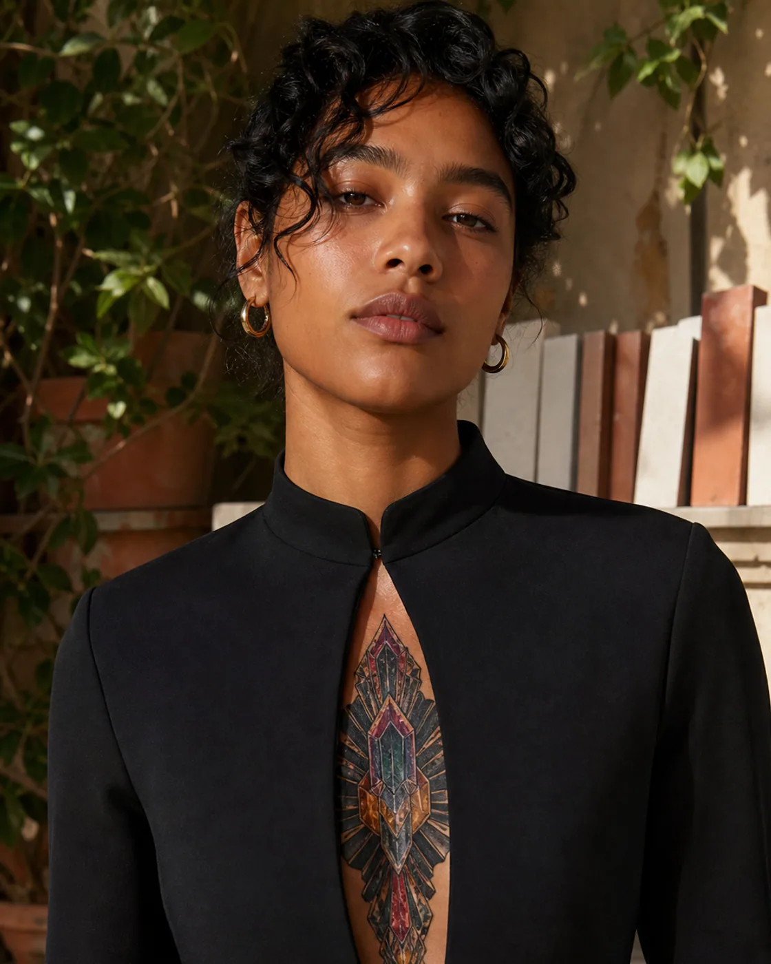 Neo-Traditional tattoo of interlocking crystalline planes and dark radial bands concealing a worn motif executed as a healed cover-up on the sternum