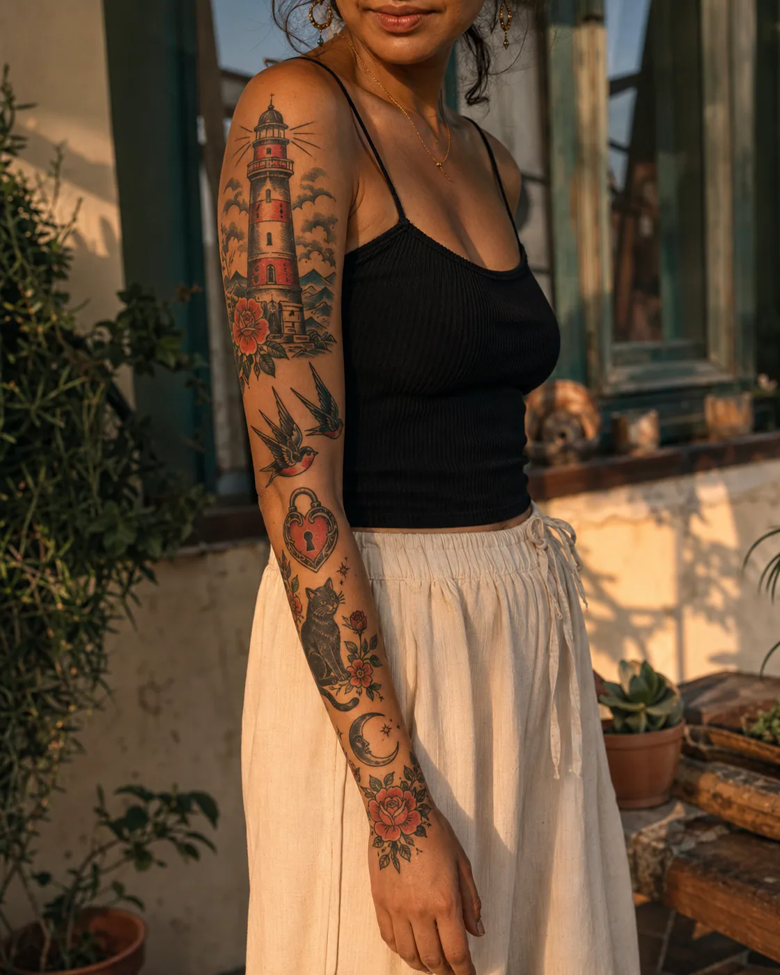 Warm-toned American traditional patchwork sleeve tattoo with a lighthouse, black cat, swallows, lock, moon, and flowers on medium skin