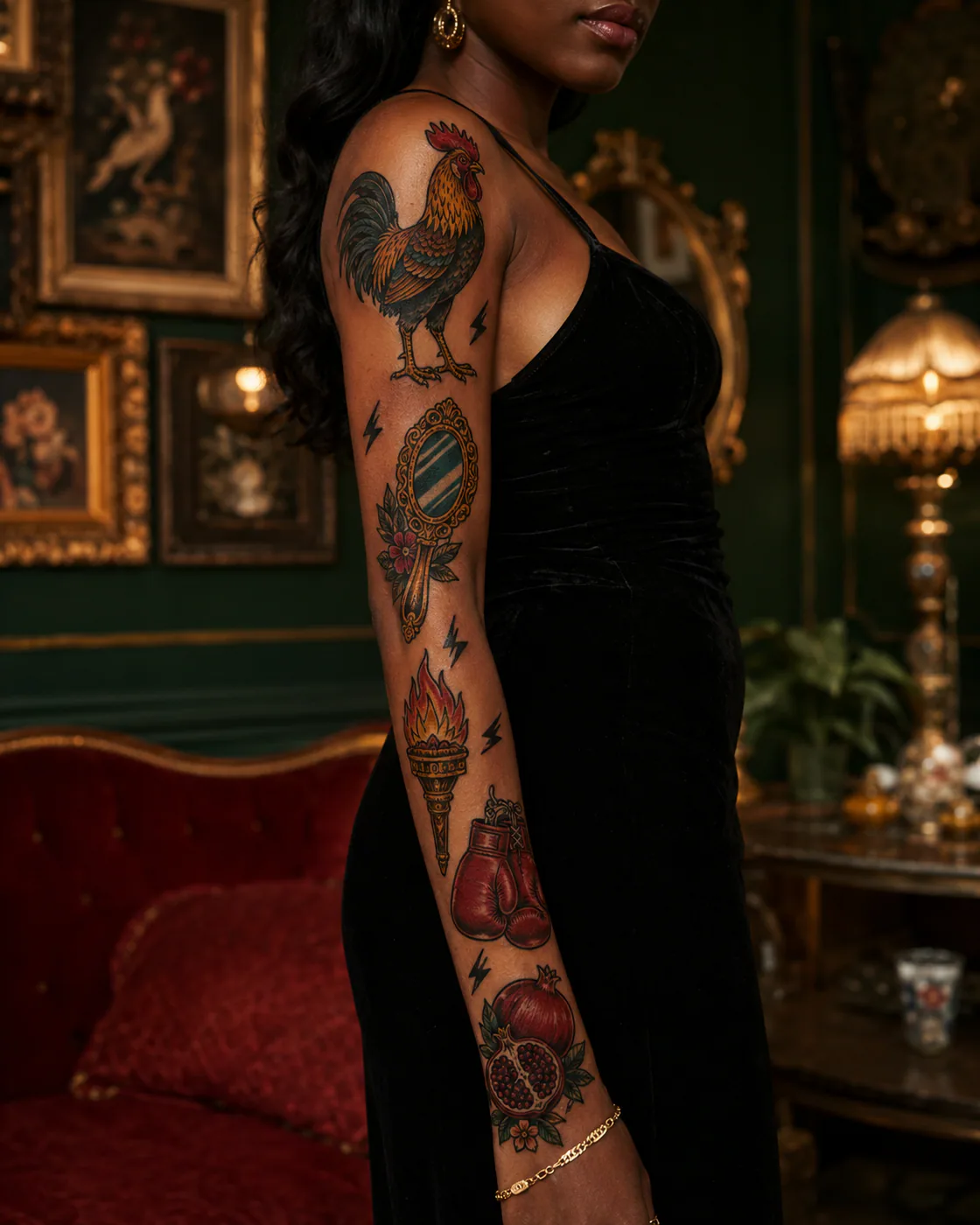 Vintage American traditional patchwork sleeve tattoo with a rooster, hand mirror, torch, boxing gloves, and pomegranate on deep skin