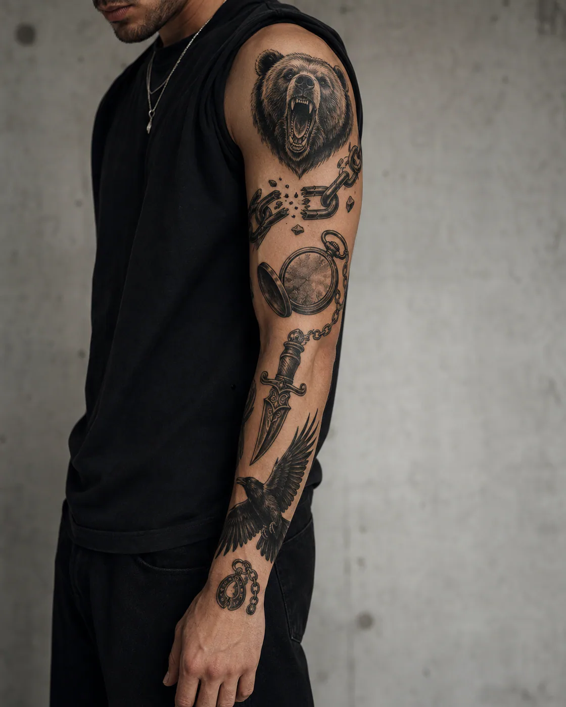 Black and gray American traditional patchwork sleeve tattoo with a bear, broken chain, pocket watch, dagger, and raven on olive skin