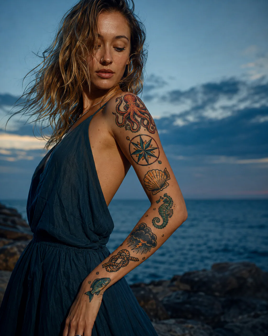 Color American traditional patchwork sleeve tattoo with an octopus, compass, seashell, seahorse, storm cloud, knot, and fish on light skin