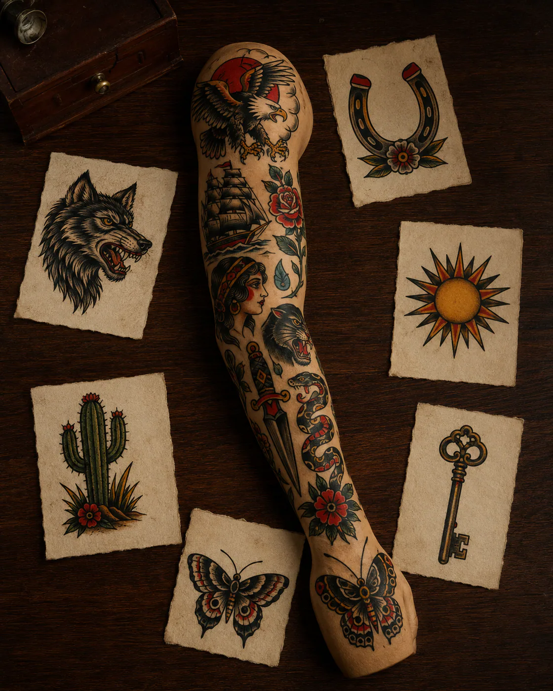 Patchwork sleeve tattoo planning board arranging a wolf, horseshoe, sunburst, cactus, key, butterfly, and other traditional flash around an arm template