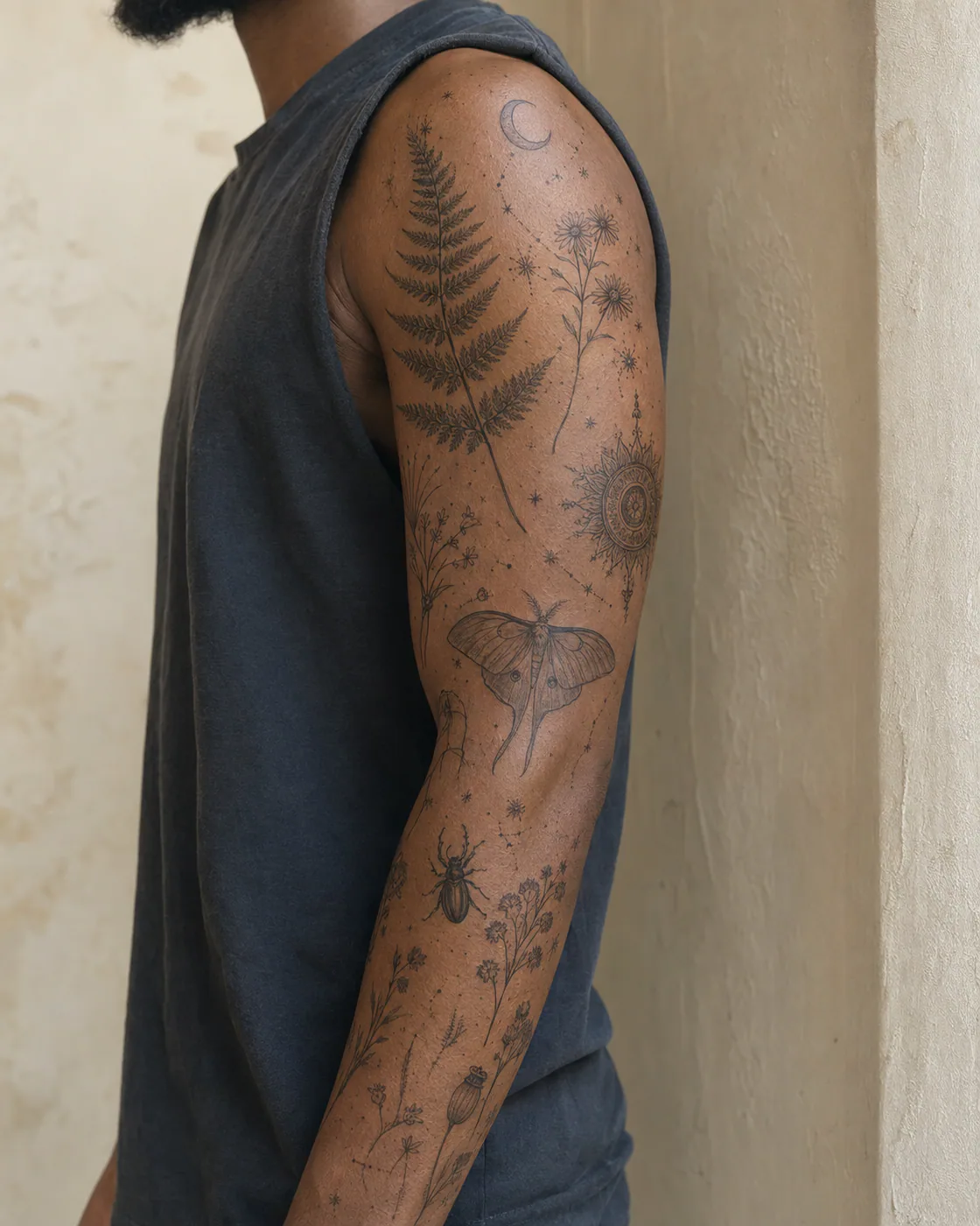 Fine-line patchwork sleeve tattoo with layered ferns, a moth, crescent moon, seed heads, and tiny stars on deep skin