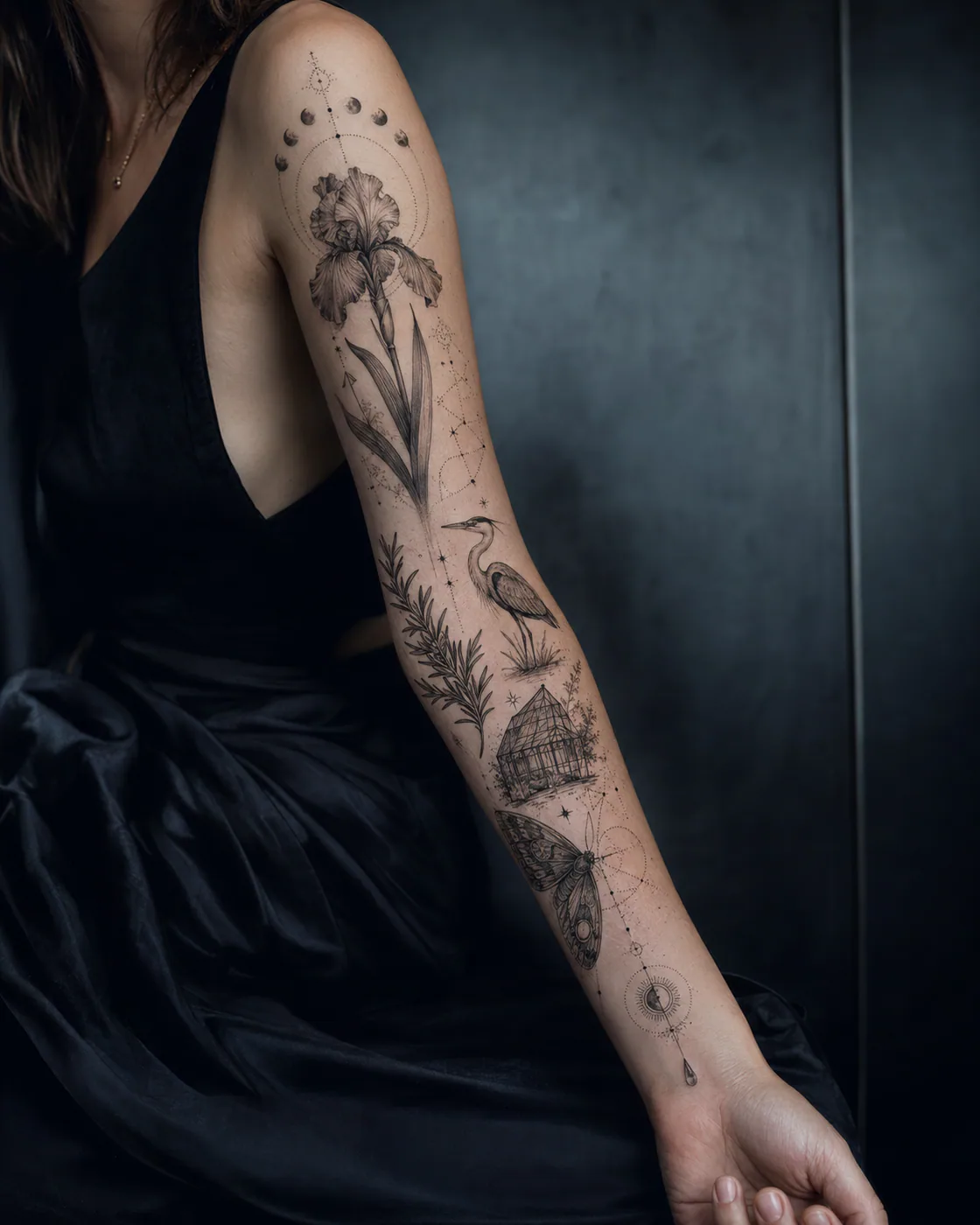 Fine-line patchwork sleeve tattoo with an iris, moon phases, standing heron, rosemary, glasshouse, moth, and delicate dot stars on light skin