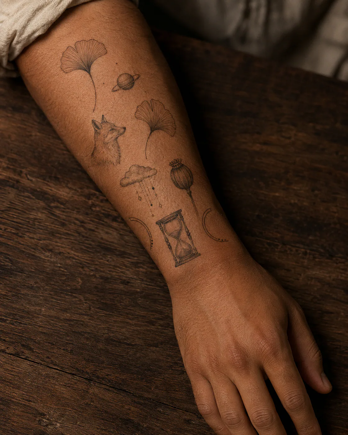 Fine-line patchwork sleeve tattoo tapering toward the wrist with ginkgo leaves, a small planet, fox, rain cloud, seed pod, hourglass, and open arcs on medium skin
