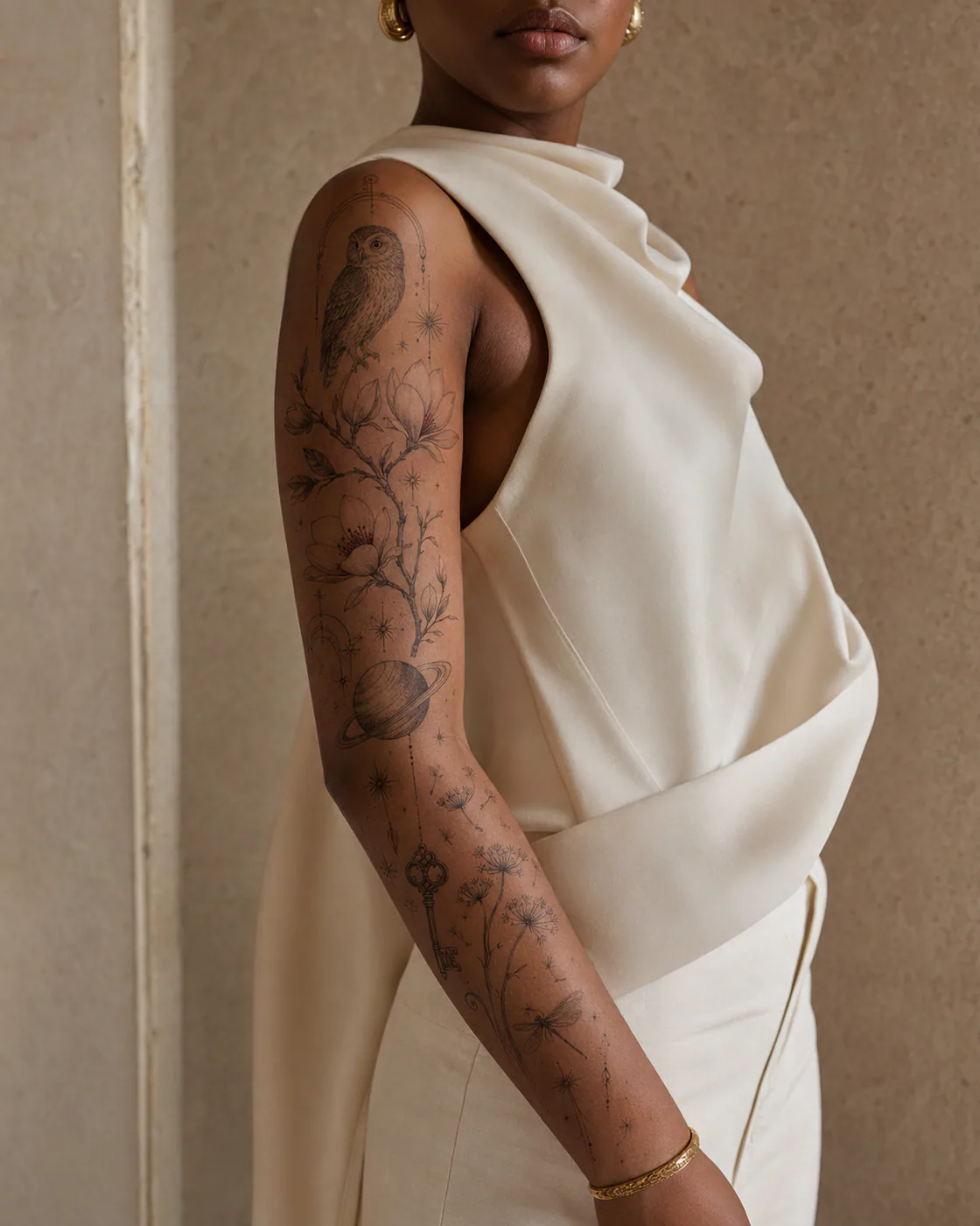 Fine-line patchwork sleeve tattoo pairing an owl, magnolia branch, ringed planet, antique key, dragonfly, seed heads, and starbursts on deep skin