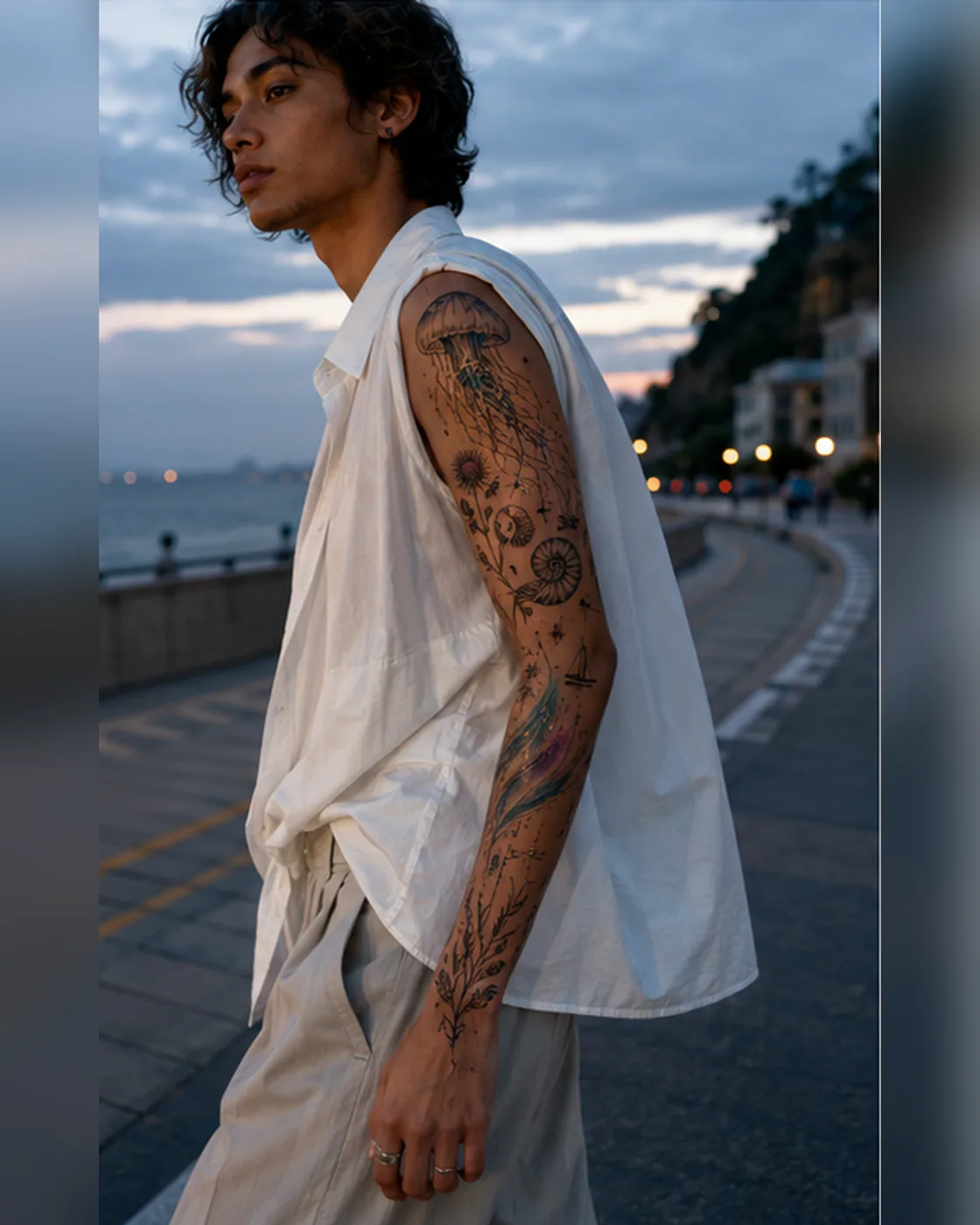 Fine-line patchwork sleeve tattoo with a jellyfish, nautilus shell, sunburst, tiny sailboat, sea grass, celestial dots, and a muted teal-violet tide on olive skin