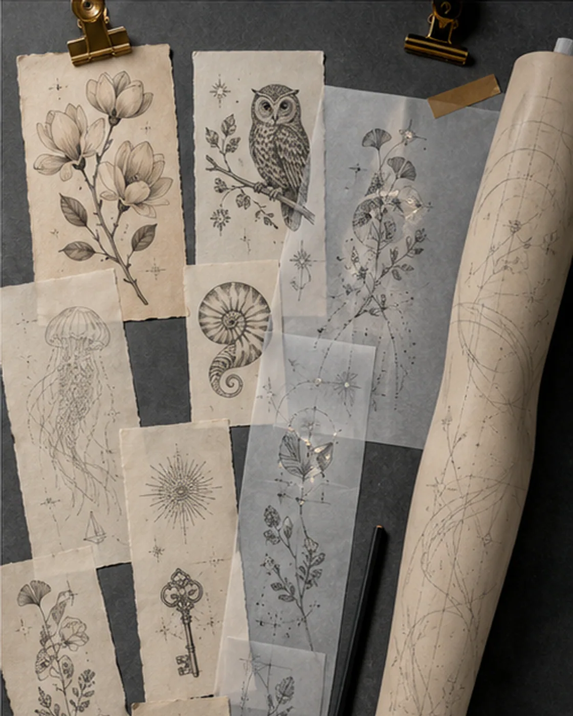 Patchwork sleeve tattoo layout board arranging fine-line moths, birds, flowers, moon phases, orbital marks, and small stars around an arm diagram