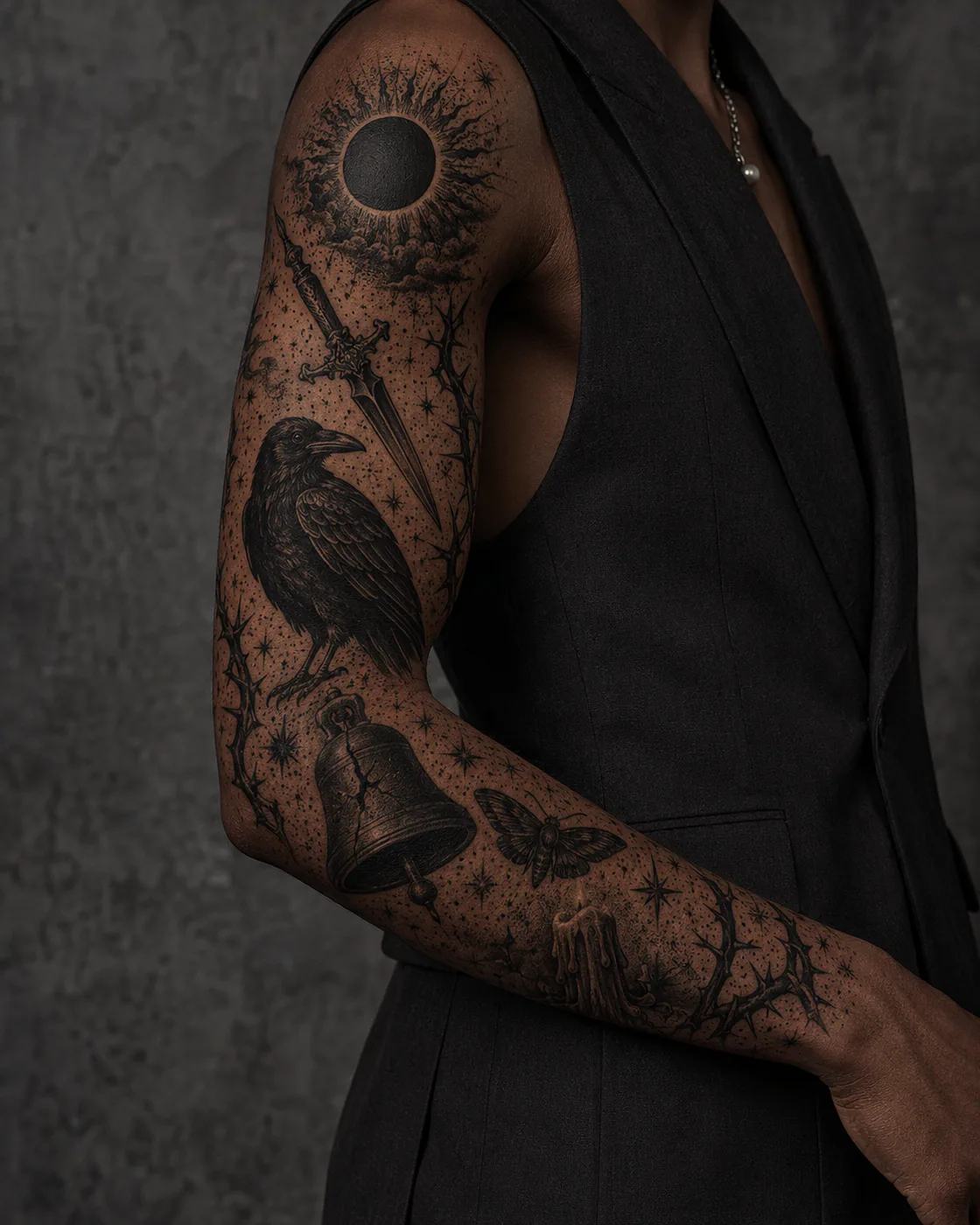 High-contrast blackwork patchwork sleeve tattoo with a raven, dagger, thorned heart, chain links, and black sun on deep skin