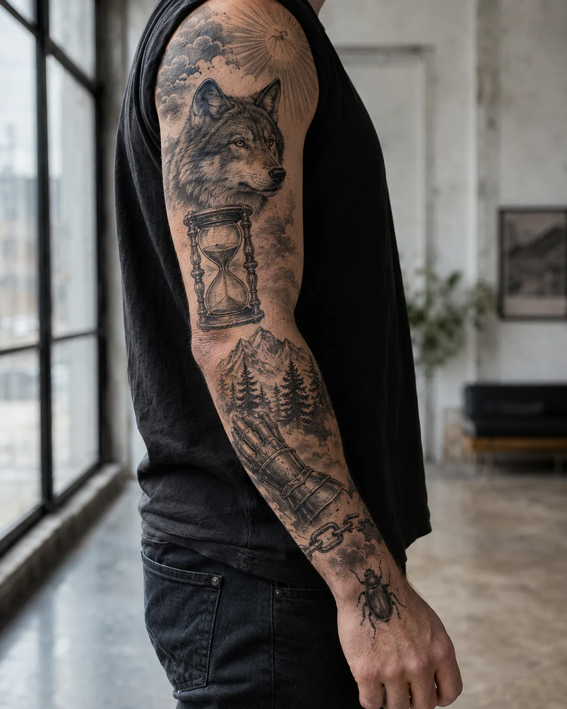 Woodcut engraving patchwork sleeve tattoo with a howling wolf, hourglass, burning tower, thistle, and small moon on light skin