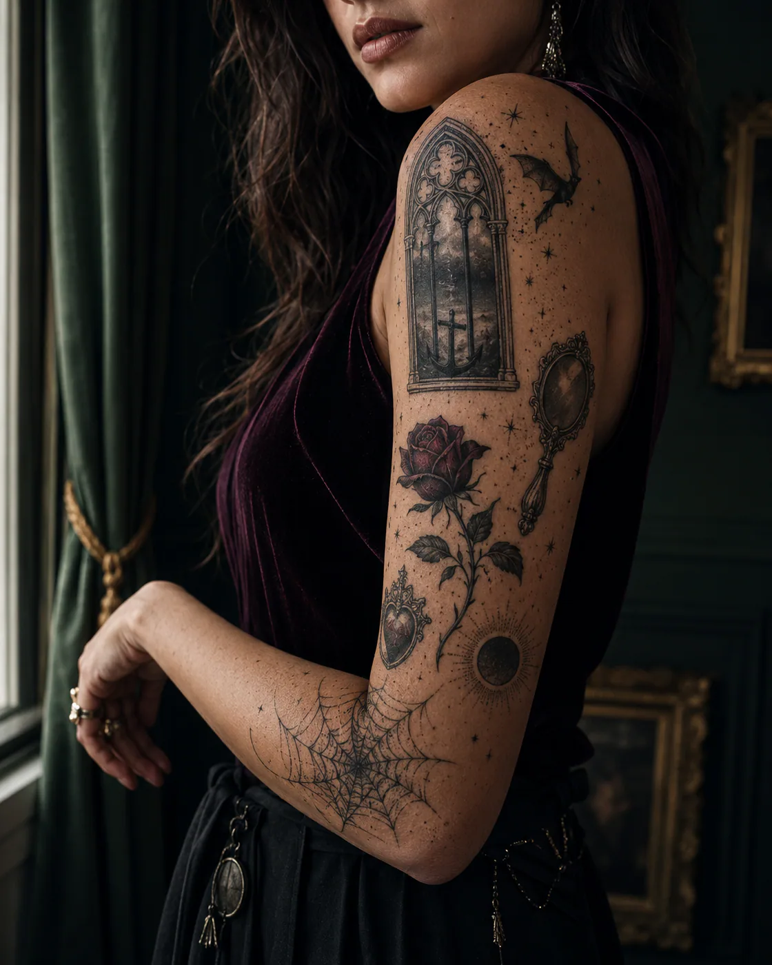 Gothic patchwork sleeve tattoo with a cathedral window, flying bat, eclipse, candle, iron key, and thorn branch on olive skin
