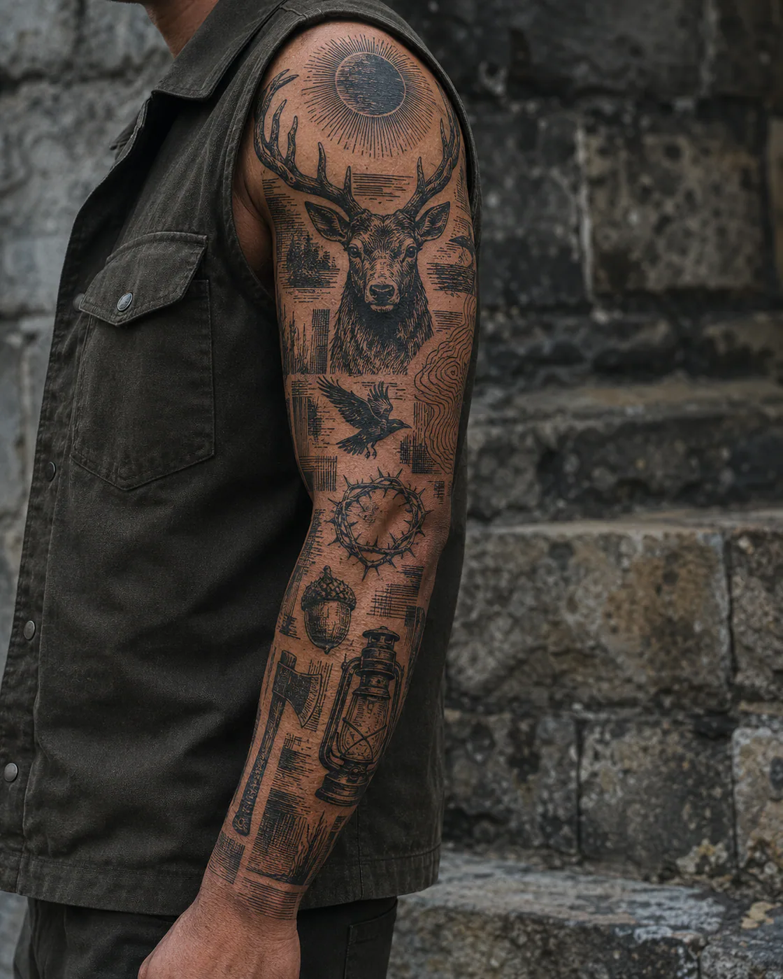 Bent-arm woodcut patchwork sleeve tattoo with a crowned stag, thorn branches, raven feather, antique bell, and forest moon on brown skin