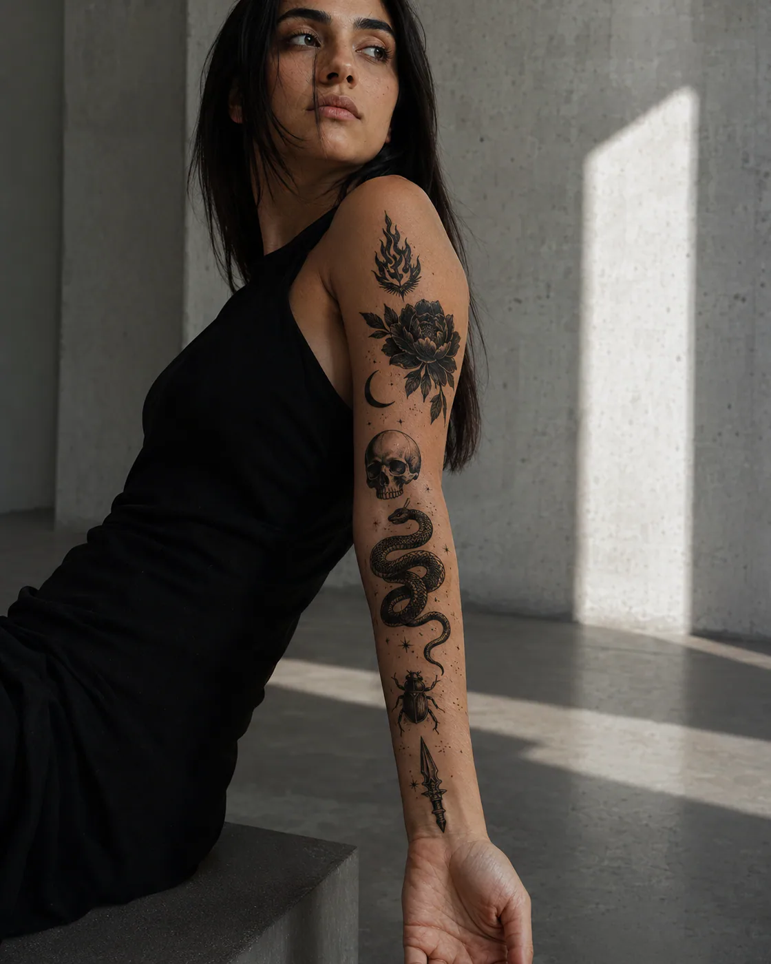 Blackwork patchwork sleeve tattoo with a coiled snake, split skull, thorny rose, eye charm, and tapered wrist marks on medium skin