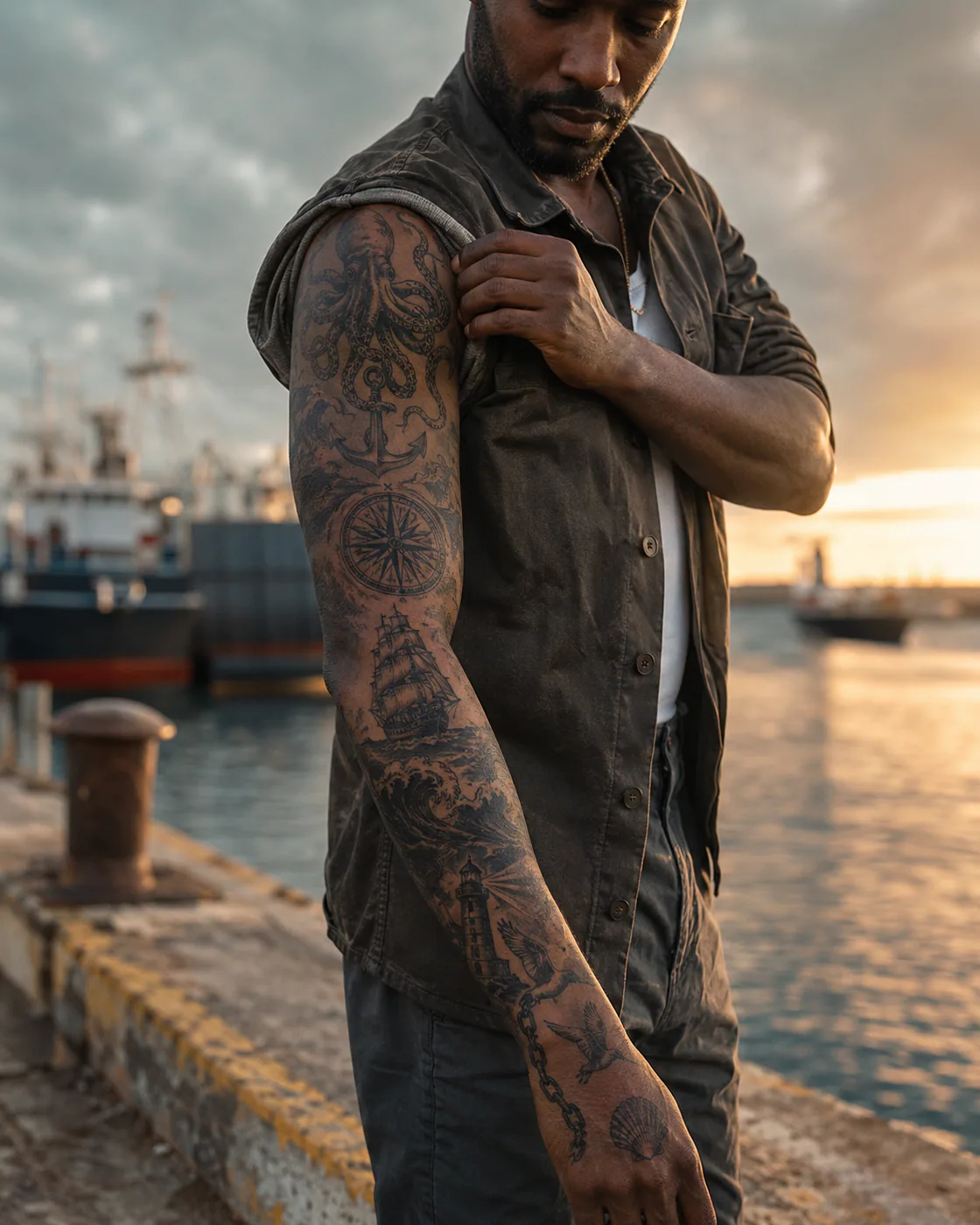 Maritime engraving patchwork sleeve tattoo with a kraken, compass rose, clipper ship, storm wave, and sextant on deep skin