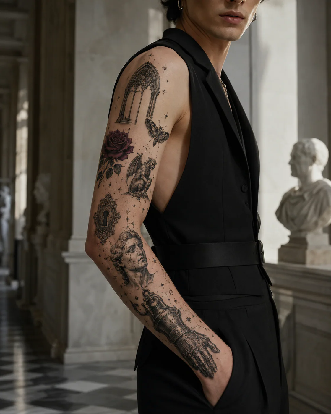 Gothic patchwork sleeve tattoo with a black rose, medieval gauntlet, shattered halo, moth, chalice, and ribboned sword on light skin