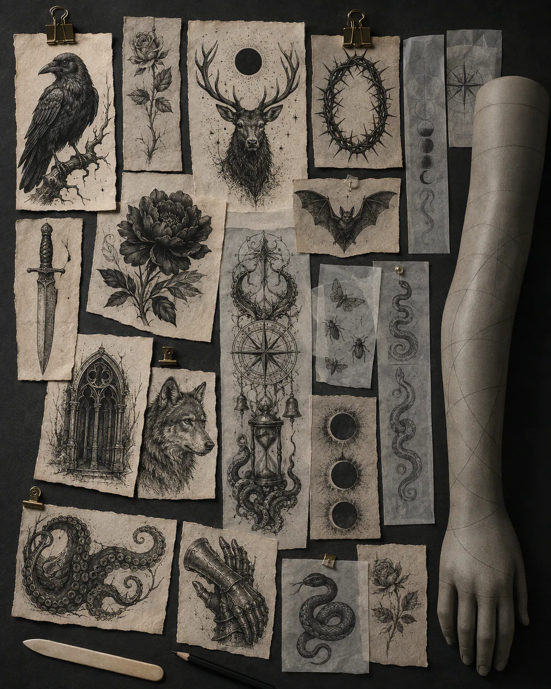 Patchwork sleeve tattoo layout board balancing blackwork ravens, blades, cathedral shapes, skulls, thorns, and small solid fillers around an arm plan