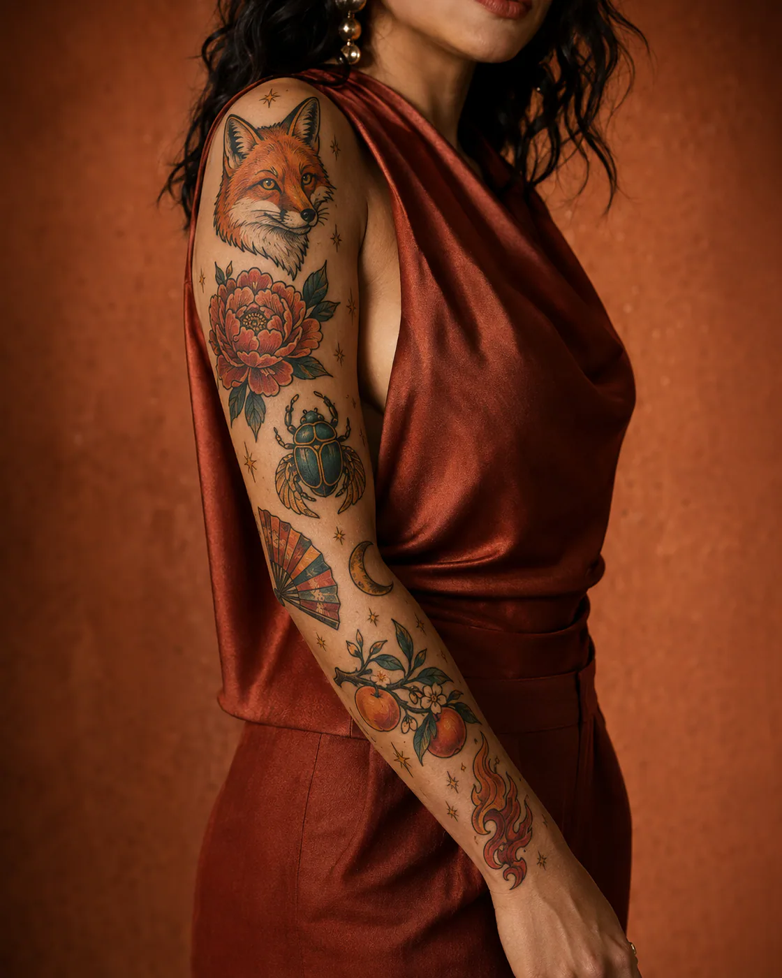Neo-traditional patchwork sleeve tattoo with a red fox, jewel-tone peonies, scarab, antique fan, and berry branch on olive skin