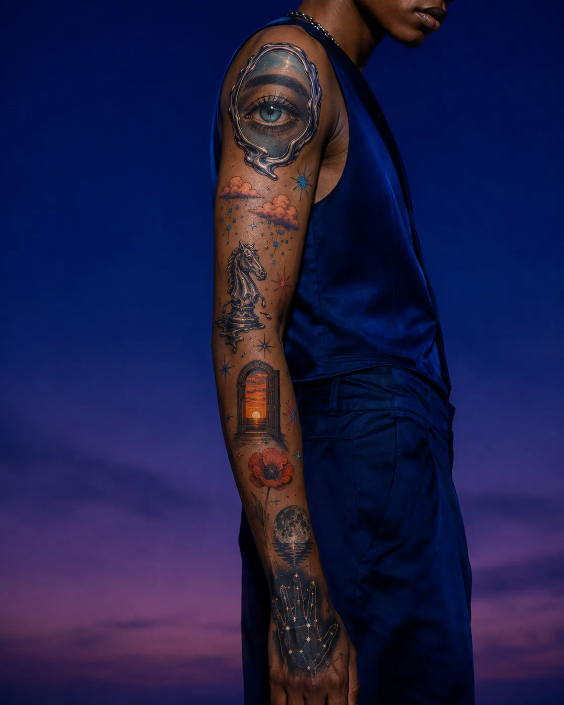 Surreal patchwork sleeve tattoo with a floating eye, staircase through clouds, melting moon, door, and cobalt starbursts on deep skin