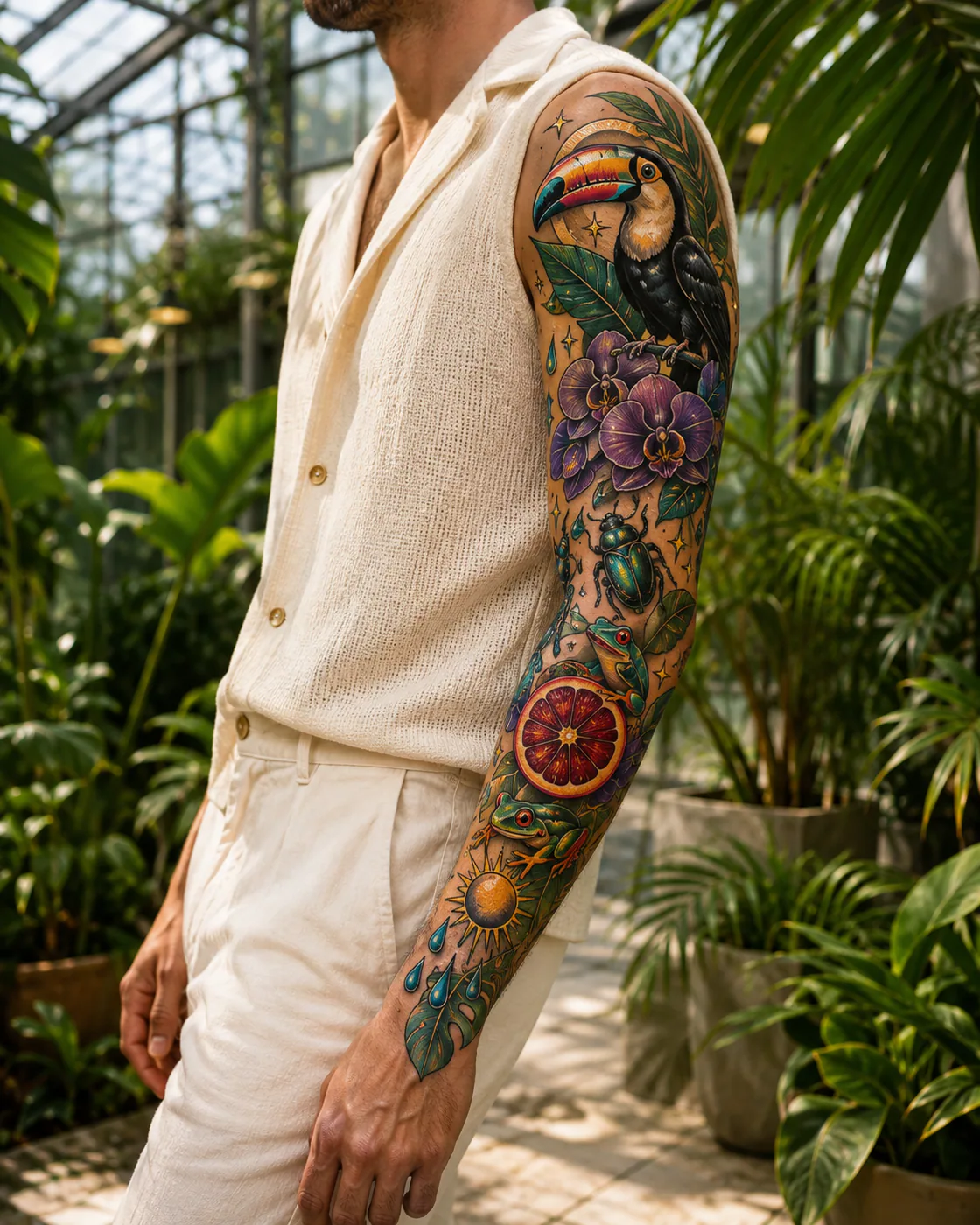 Colorful neo-traditional patchwork sleeve tattoo with a toucan, orchids, tree frog, papaya, sun disk, and tropical leaves on light skin
