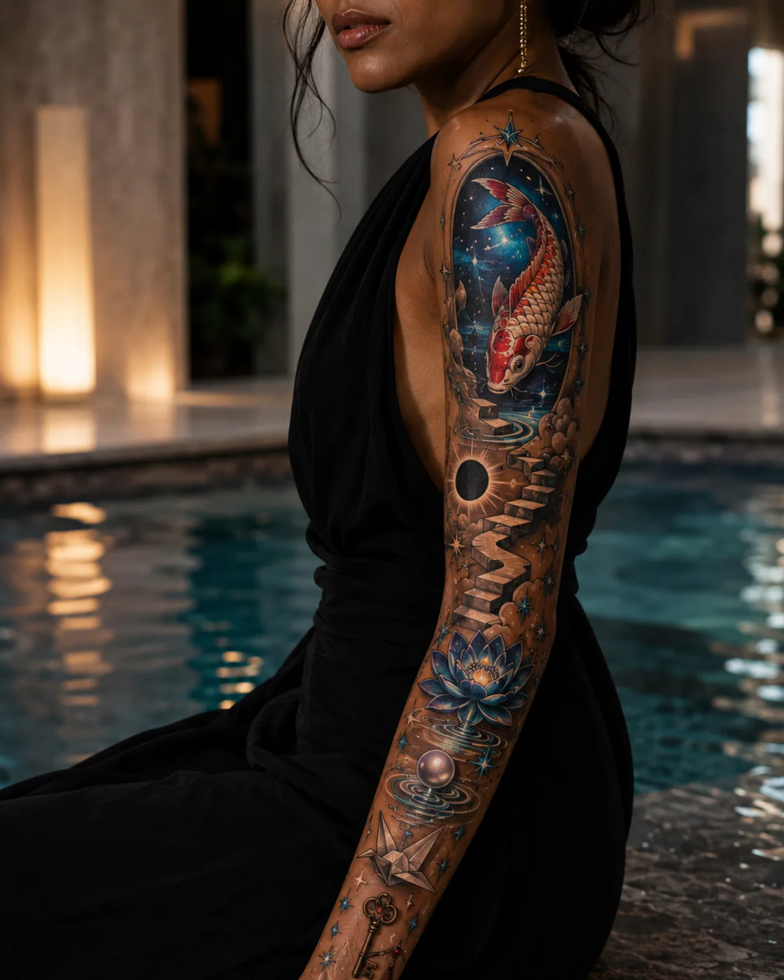 Bent-arm surreal patchwork sleeve tattoo with a koi swimming through a portal, liquid clock, moon pool, hand-shaped cloud, and stars on brown skin