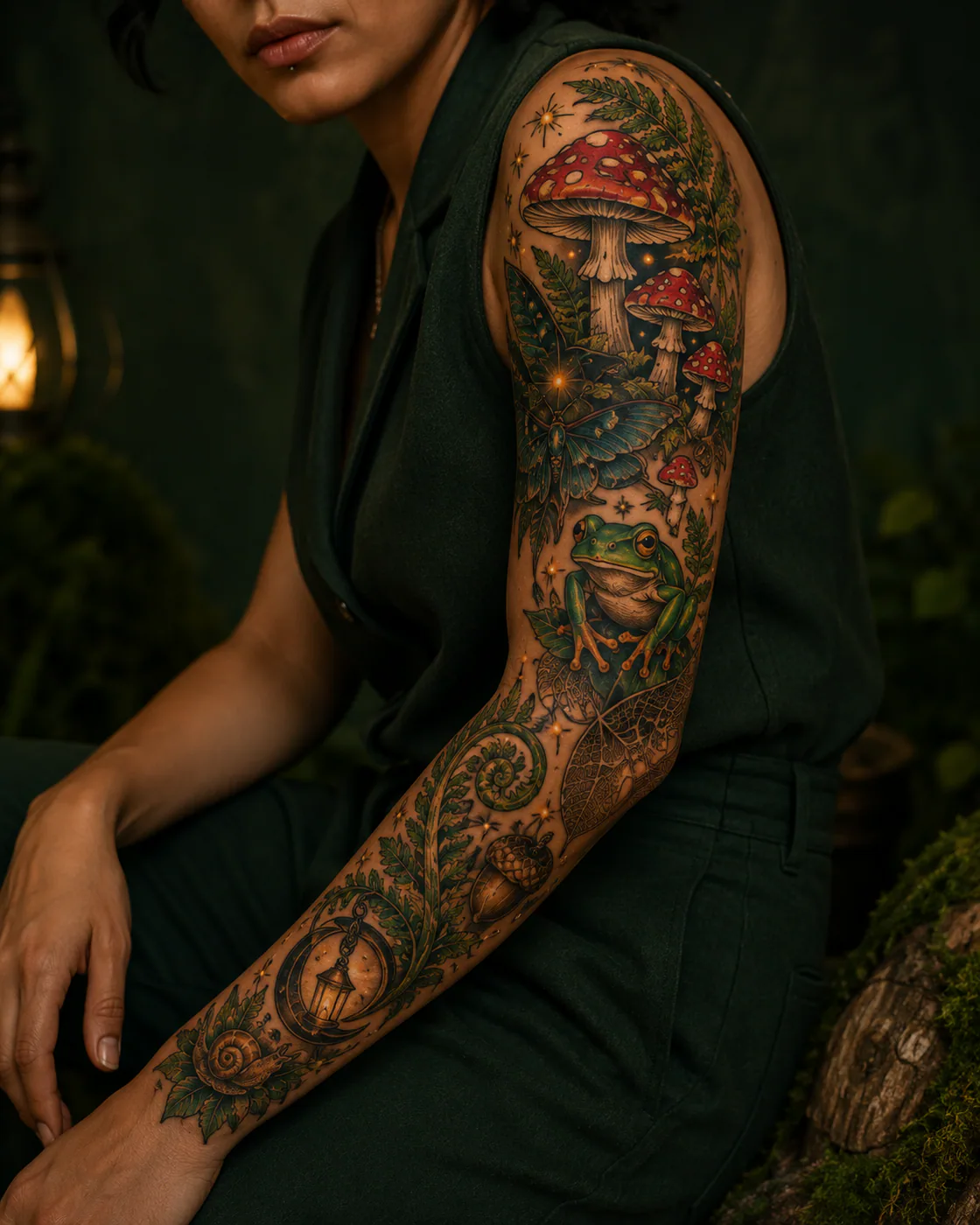 Neo-traditional patchwork sleeve tattoo with a green frog, red mushrooms, snail, fern, lantern beetle, and tiny berries on medium skin