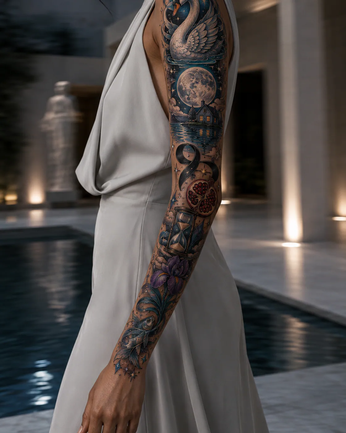 Surreal patchwork sleeve tattoo with a swan, split moon, floating pearl, mirrored hands, small staircase, and violet accents on olive skin