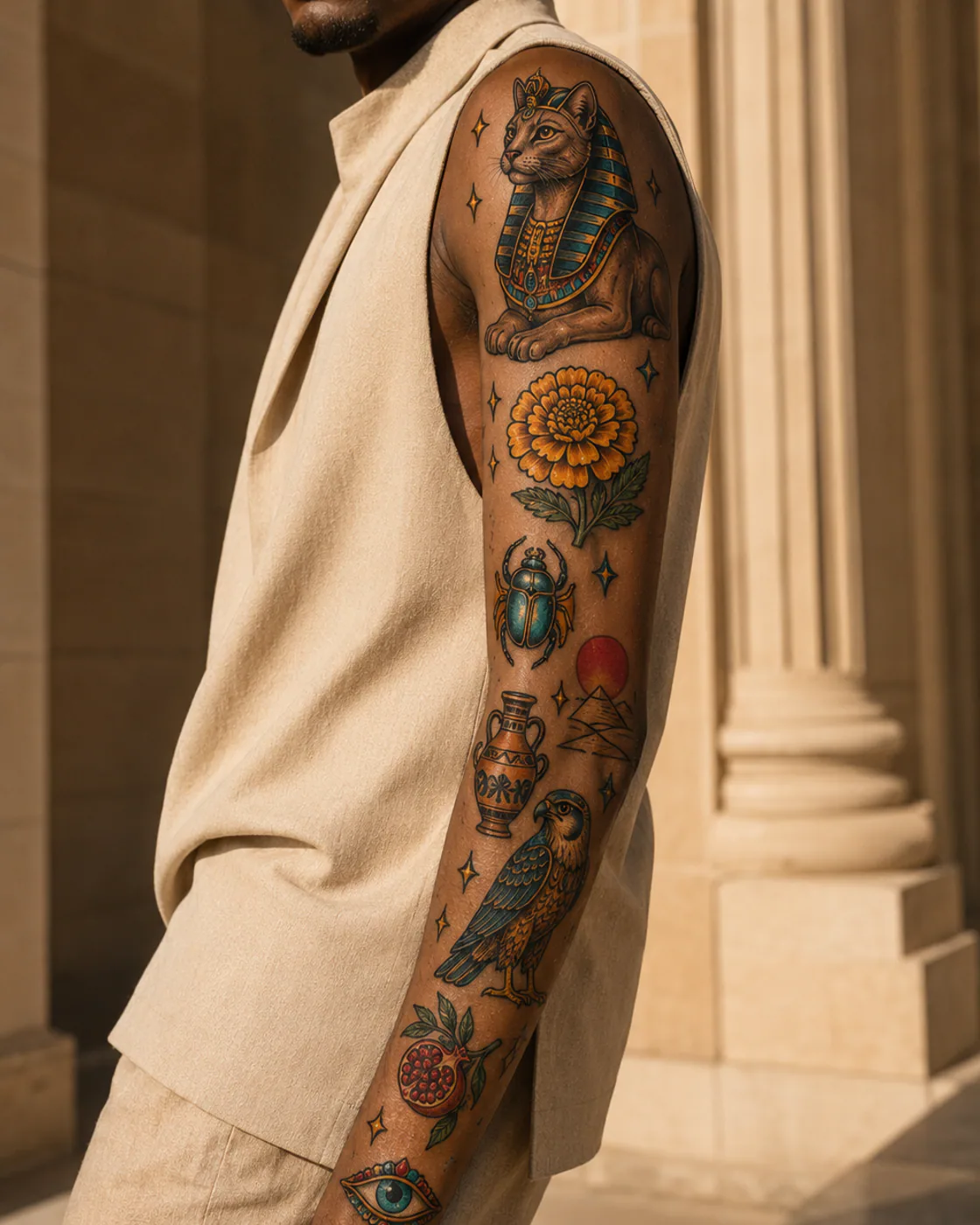 Neo-traditional patchwork sleeve tattoo with a sphinx, golden marigolds, scarab, desert sun, blue vessel, and palm frond on deep skin