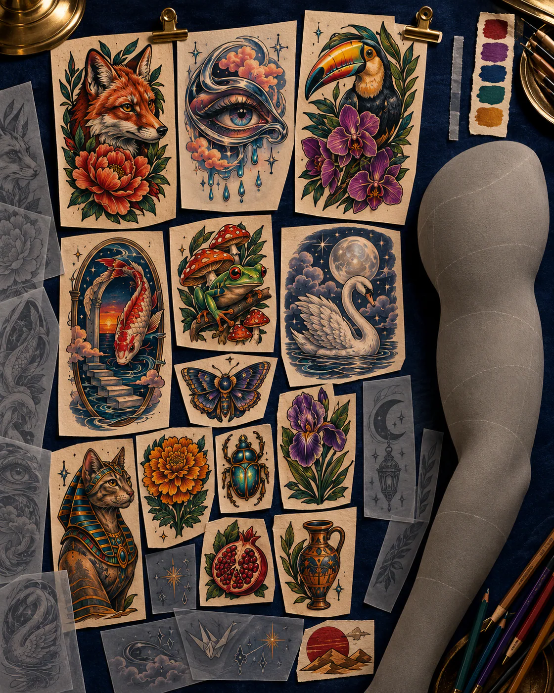 Patchwork sleeve tattoo layout board arranging neo-traditional animals, jewel-tone flowers, portals, clouds, moons, and surreal objects around an arm model