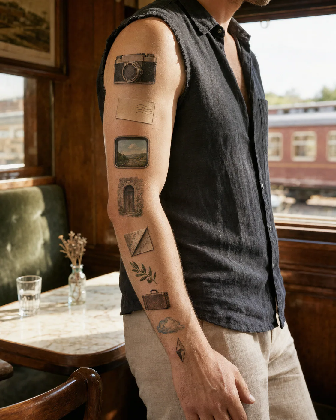 Micro-realism patchwork sleeve tattoo with a vintage camera, coastal postcard scene, train window, pressed flower, and date-free stamp on light skin