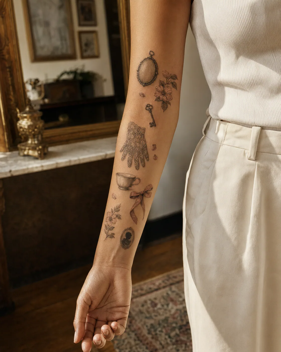 Micro-realism patchwork sleeve tattoo with an antique portrait locket, dogwood blossoms, folded letter, pearl, and small house silhouette on brown skin