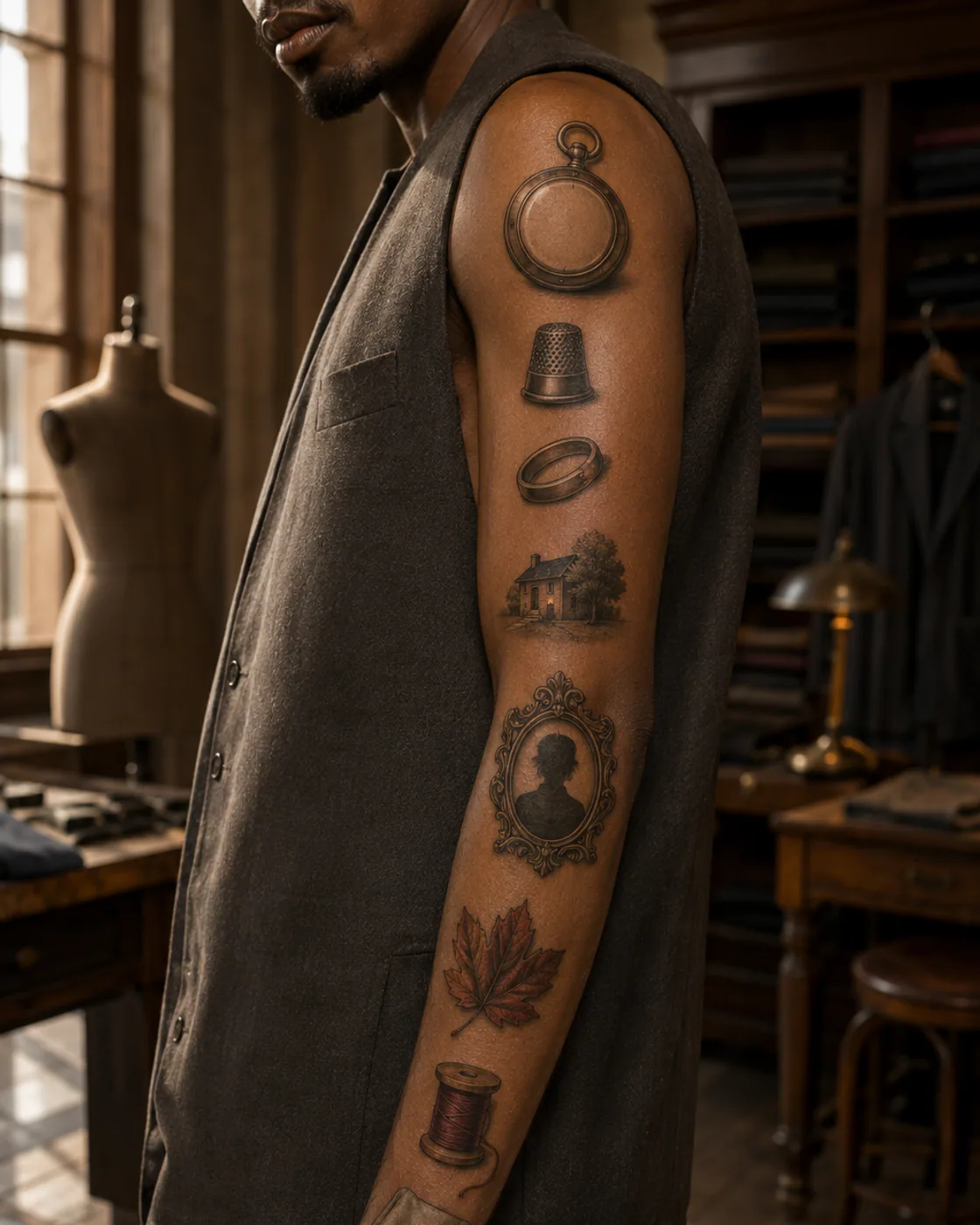 Bent-arm micro-realism patchwork sleeve tattoo with a pocket watch, sewing thimble, old key, reading glasses, small bird, and ribbon on deep skin
