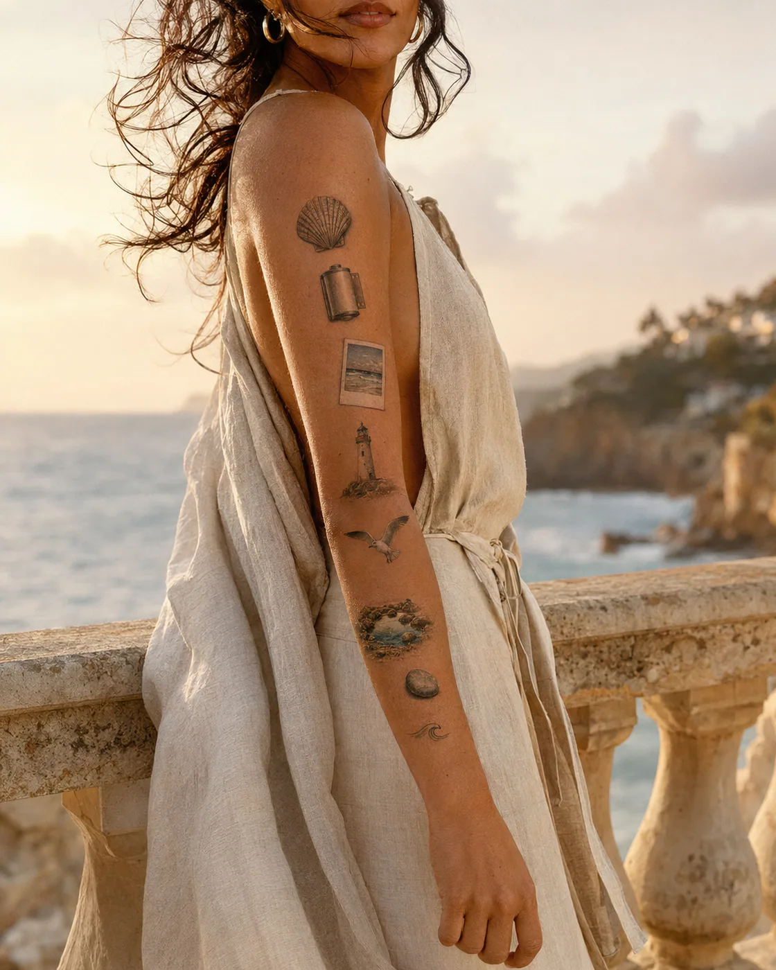 Micro-realism patchwork sleeve tattoo with a seashell, curling film strip, tiny lighthouse photo, wave reflection, and beach grass on medium skin