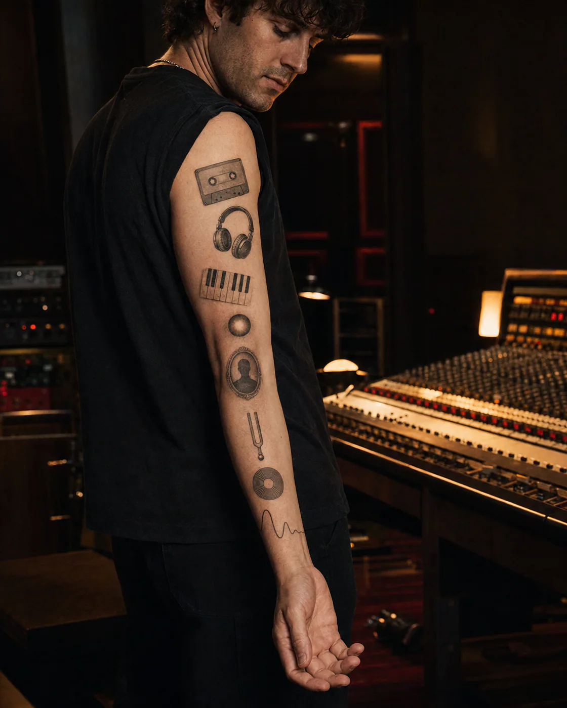 Micro-realism patchwork sleeve tattoo with a cassette, anonymous singer silhouette, stage lights, guitar pick, headphones, and sound-wave curve on light skin