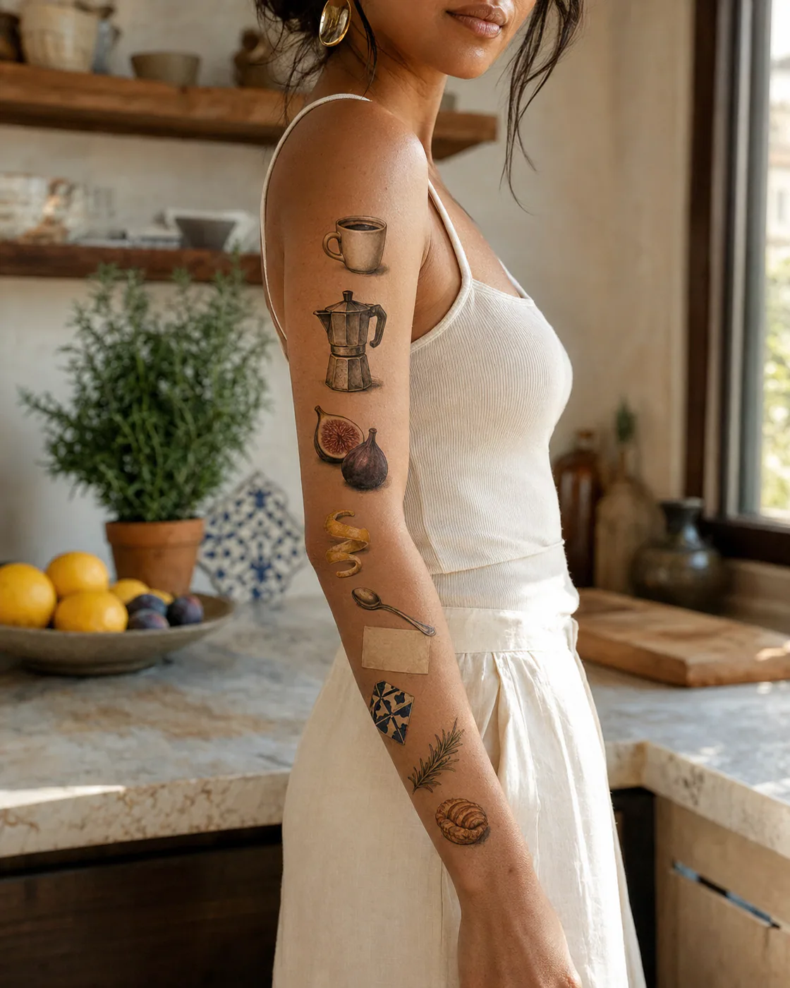Micro-realism patchwork sleeve tattoo with an espresso maker, cut fig, handwritten-recipe texture without legible words, herb sprig, and ceramic cup on brown skin