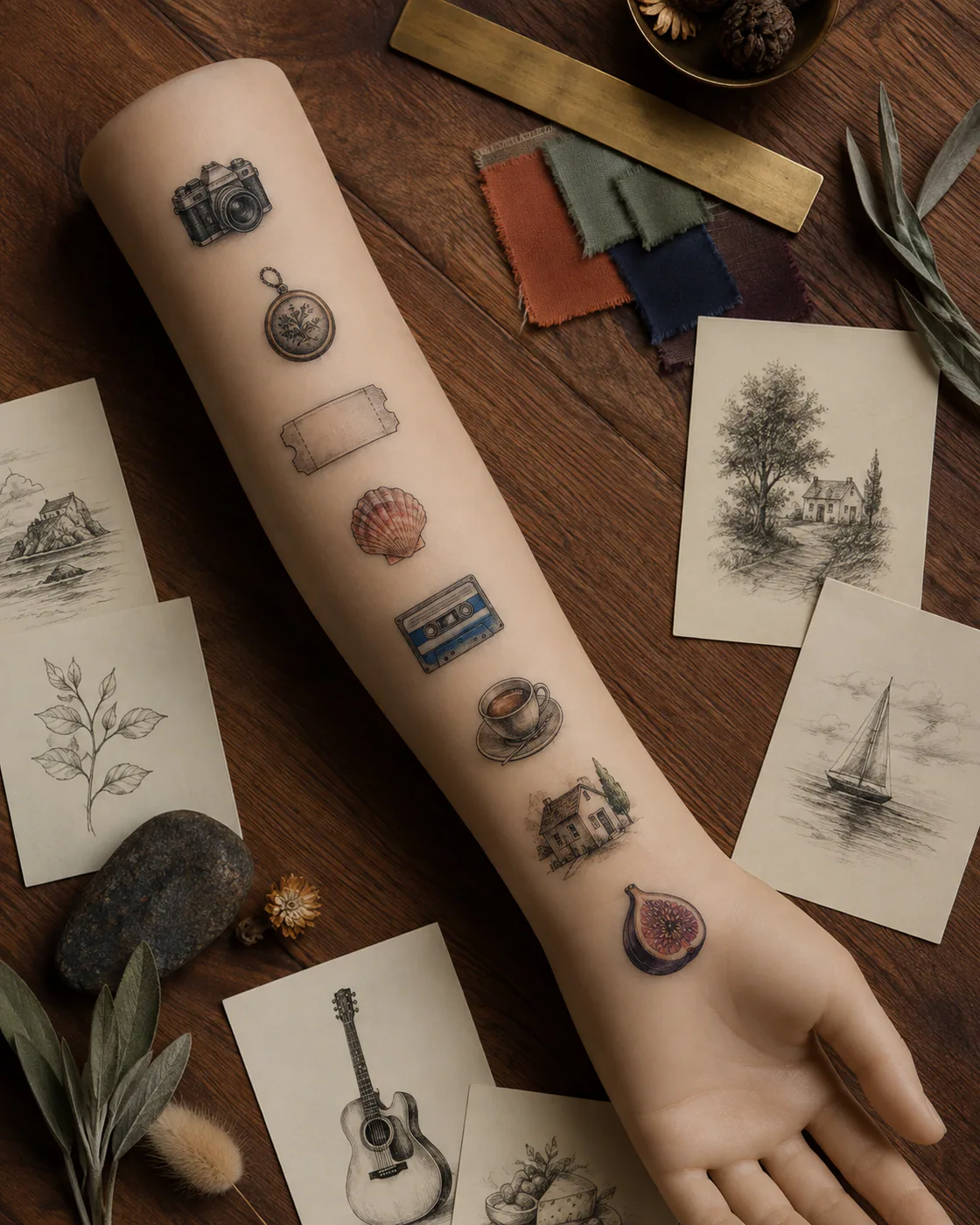 Patchwork sleeve tattoo layout board placing cameras, lockets, landscapes, heirlooms, music objects, flowers, and travel keepsakes along an arm timeline