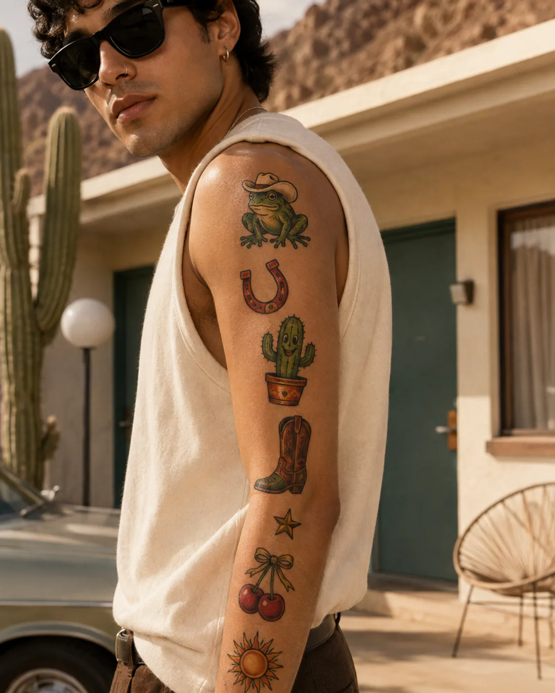 Playful patchwork sleeve tattoo with a cowboy frog, tiny boot, smiling sun, lucky bean, lasso loop, and dancing flower on olive skin